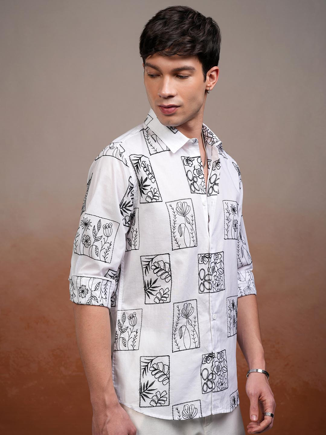 Highlander Men White Embriodered Casual Shirt