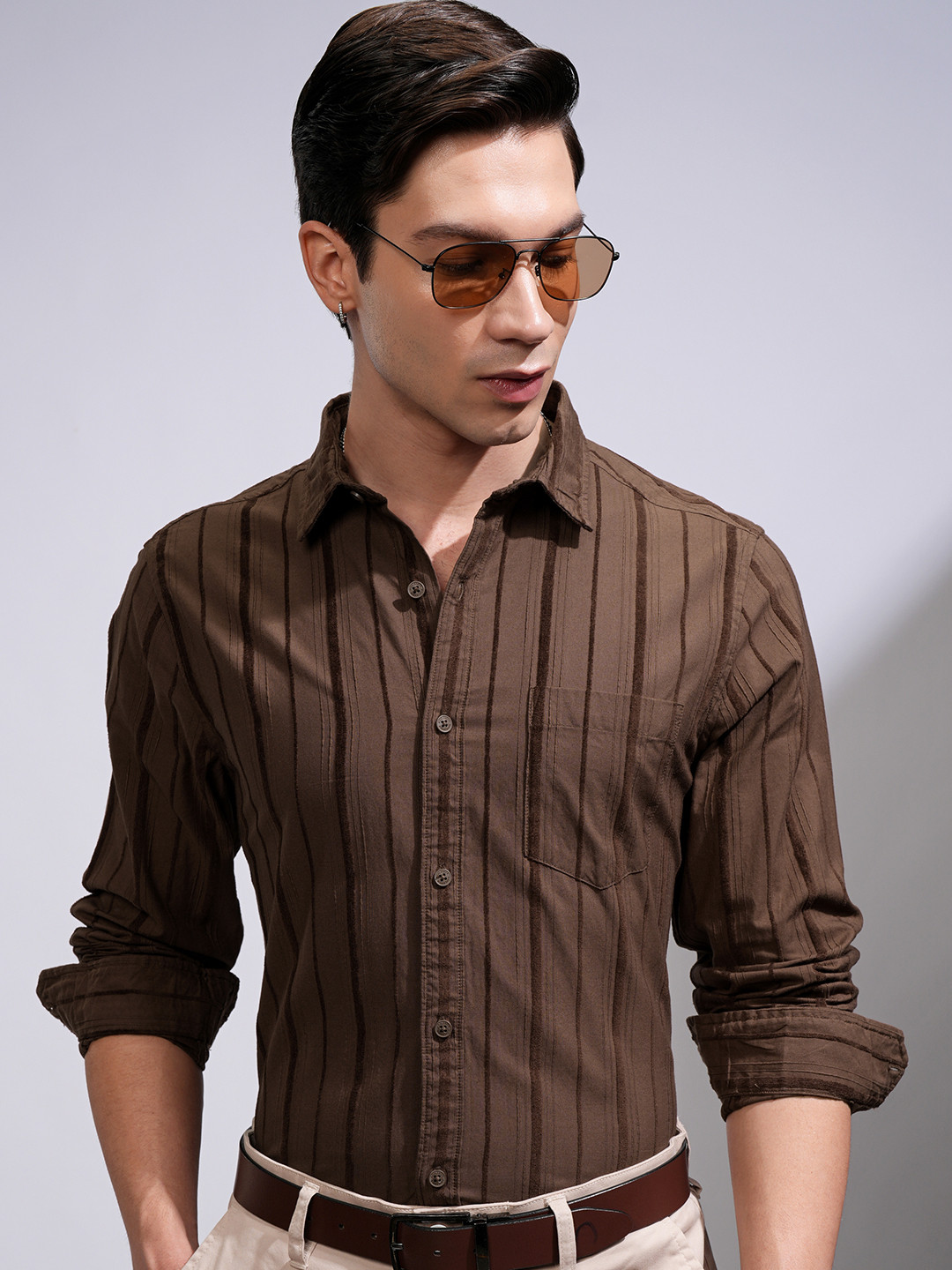 HIGHLANDER Men Cee Dobby Textured Striped Casual Slim Fit Shirt