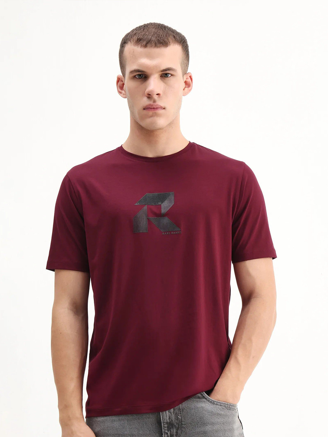 RARE RABBIT Men Solid Round Neck T-shirt