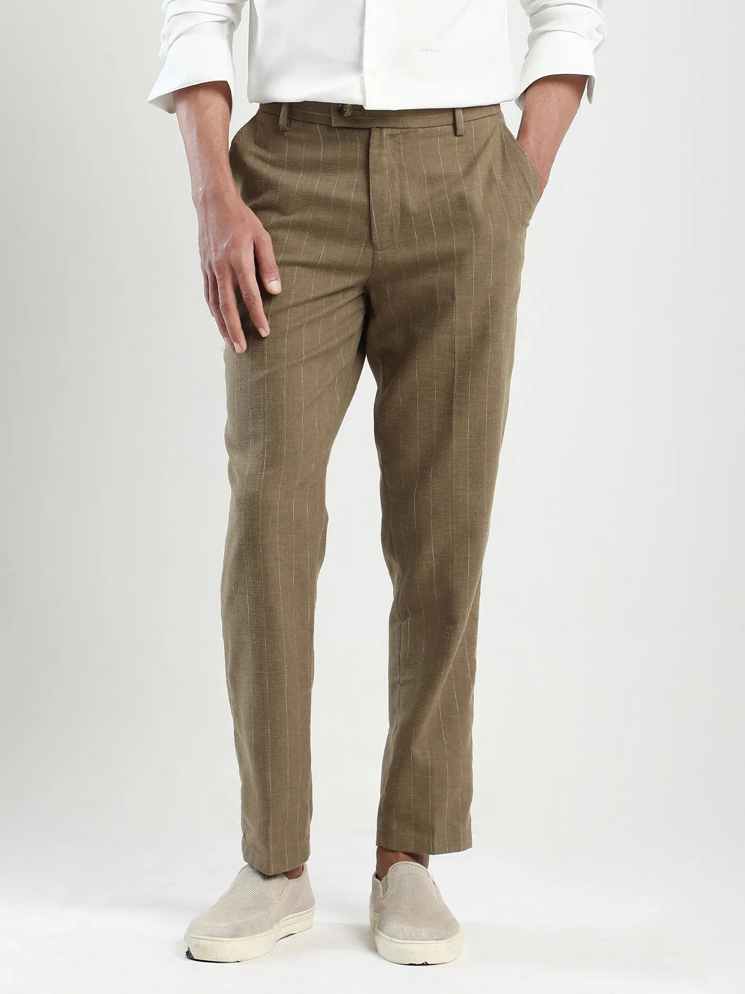 RARE RABBIT Men Khaki Relaxed Fit Striped Trouser