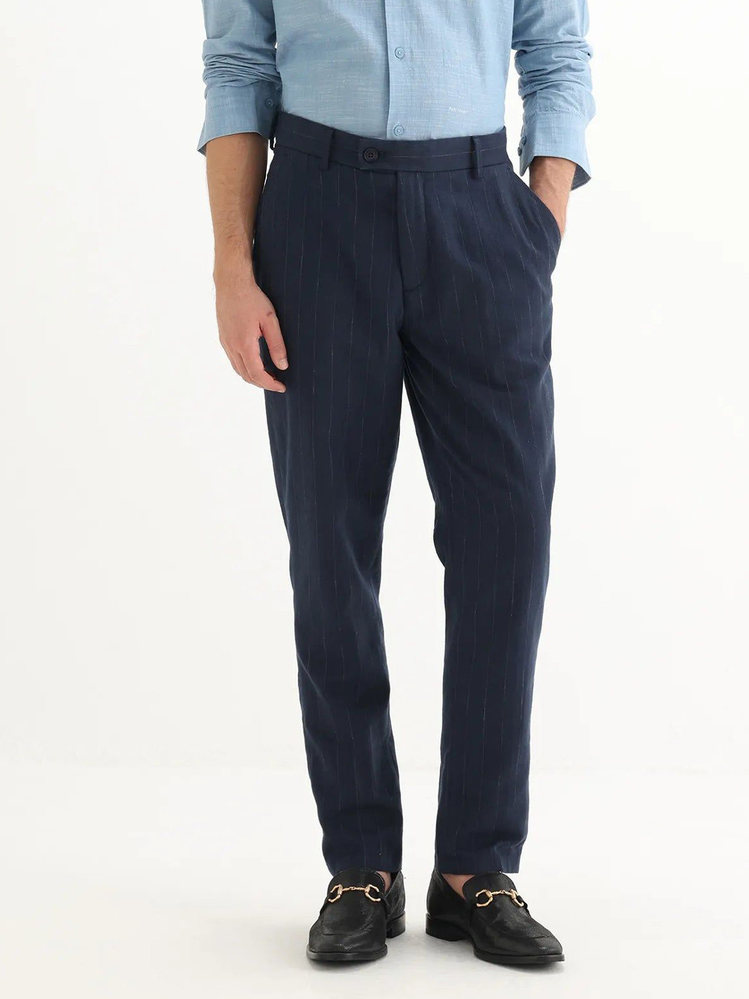 RARE RABBIT Men Blue Relaxed Fit Striped Trouser