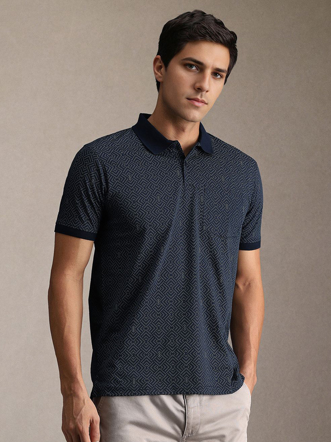 Louis Philippe Sport Geometric Printed Polo Collar Pure Cotton Slim Fit T-shirt