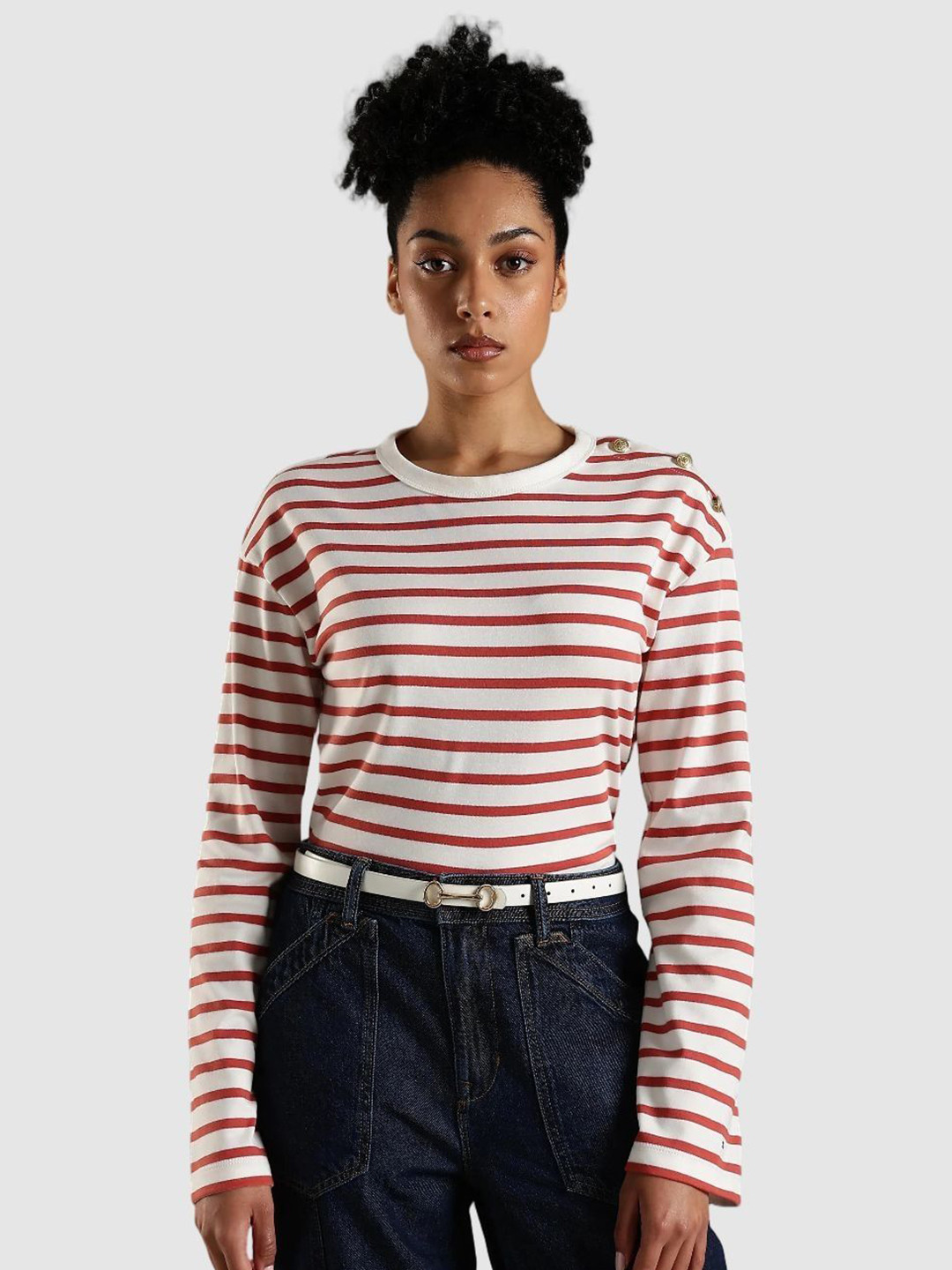 Tommy Hilfiger Striped Drop-Shoulder Sleeves Relaxed Fit Pure Cotton T-shirt