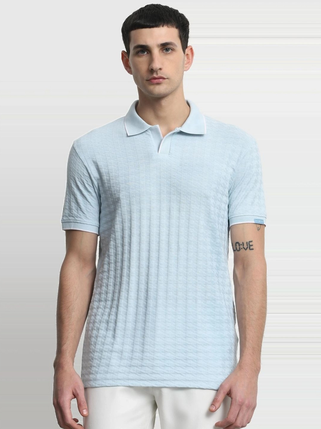 Mufti Geometric Self Design Polo Collar Slim Fit T-shirt