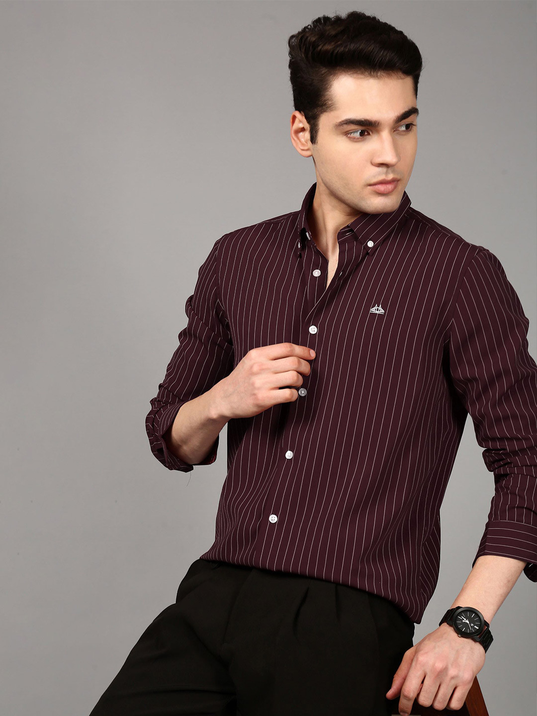 British Club Men Comfort Slim Fit Vertical Striped Button-Down Collar Casual Shirt