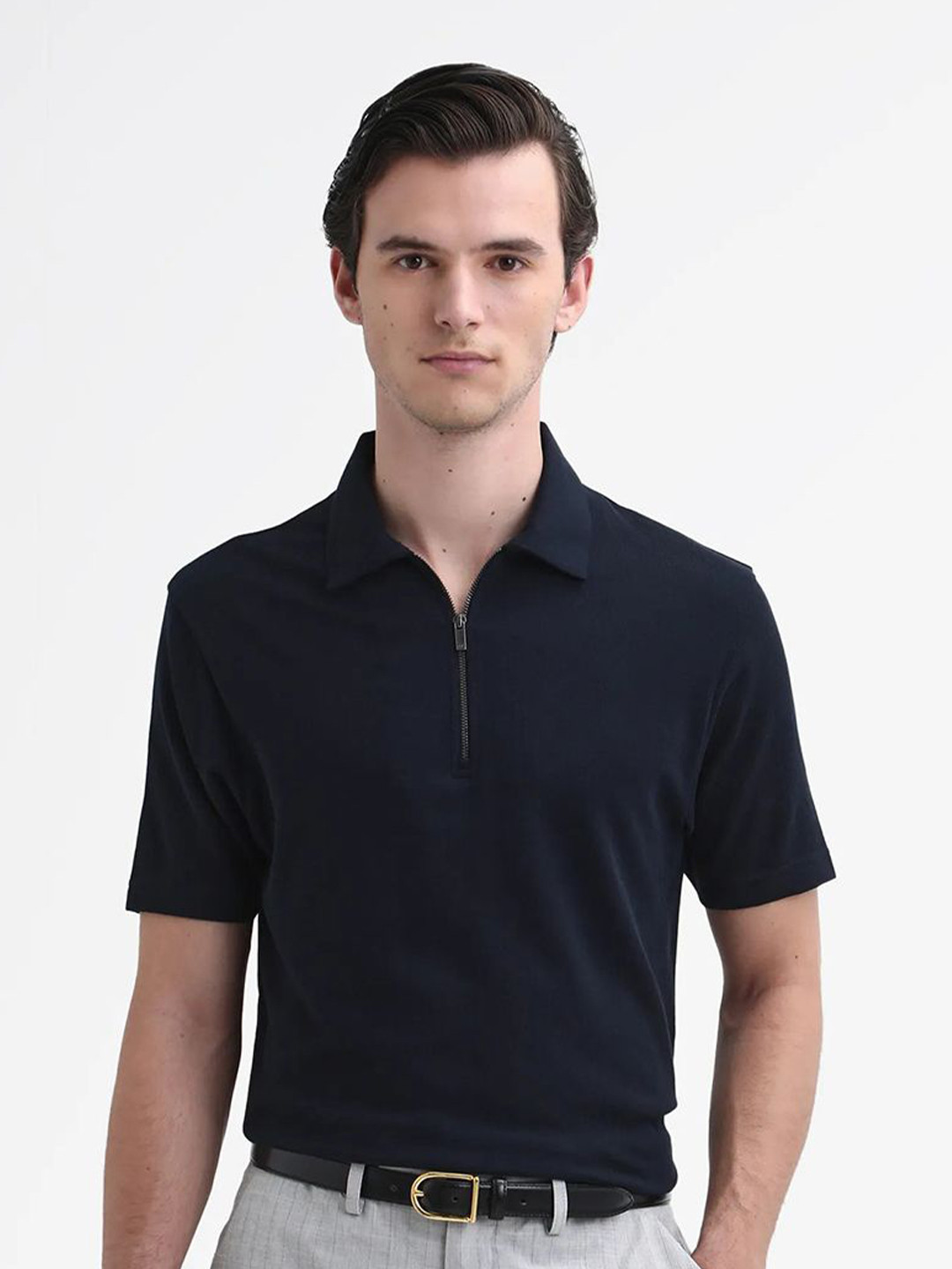 RARE RABBIT Men Plain Spread Collar Half Sleeve Cotton Regular Fit Polo T-Shirt