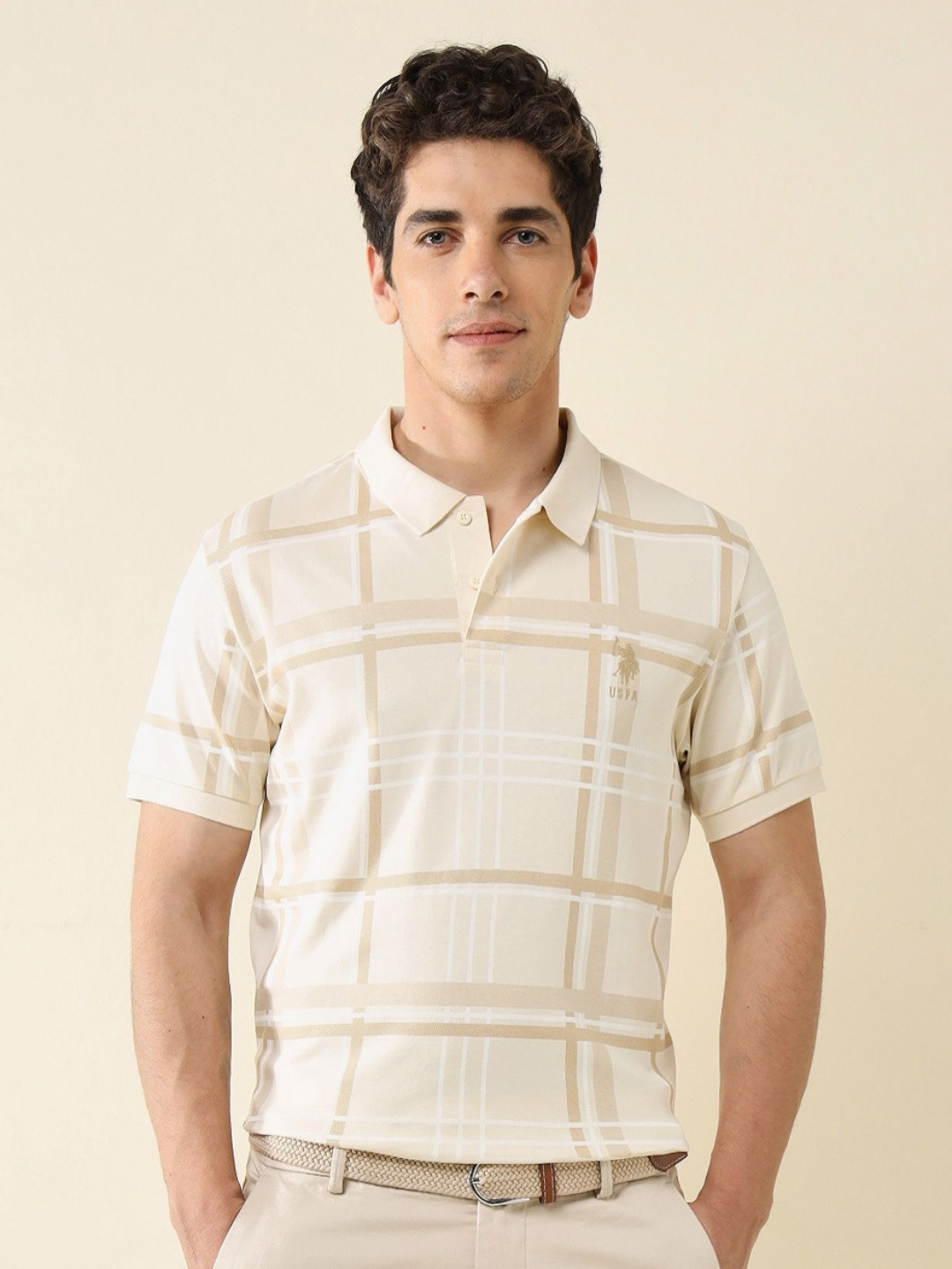 U.S. Polo Assn. Men Checked Polo Collar Cotton Slim Fit T-shirt