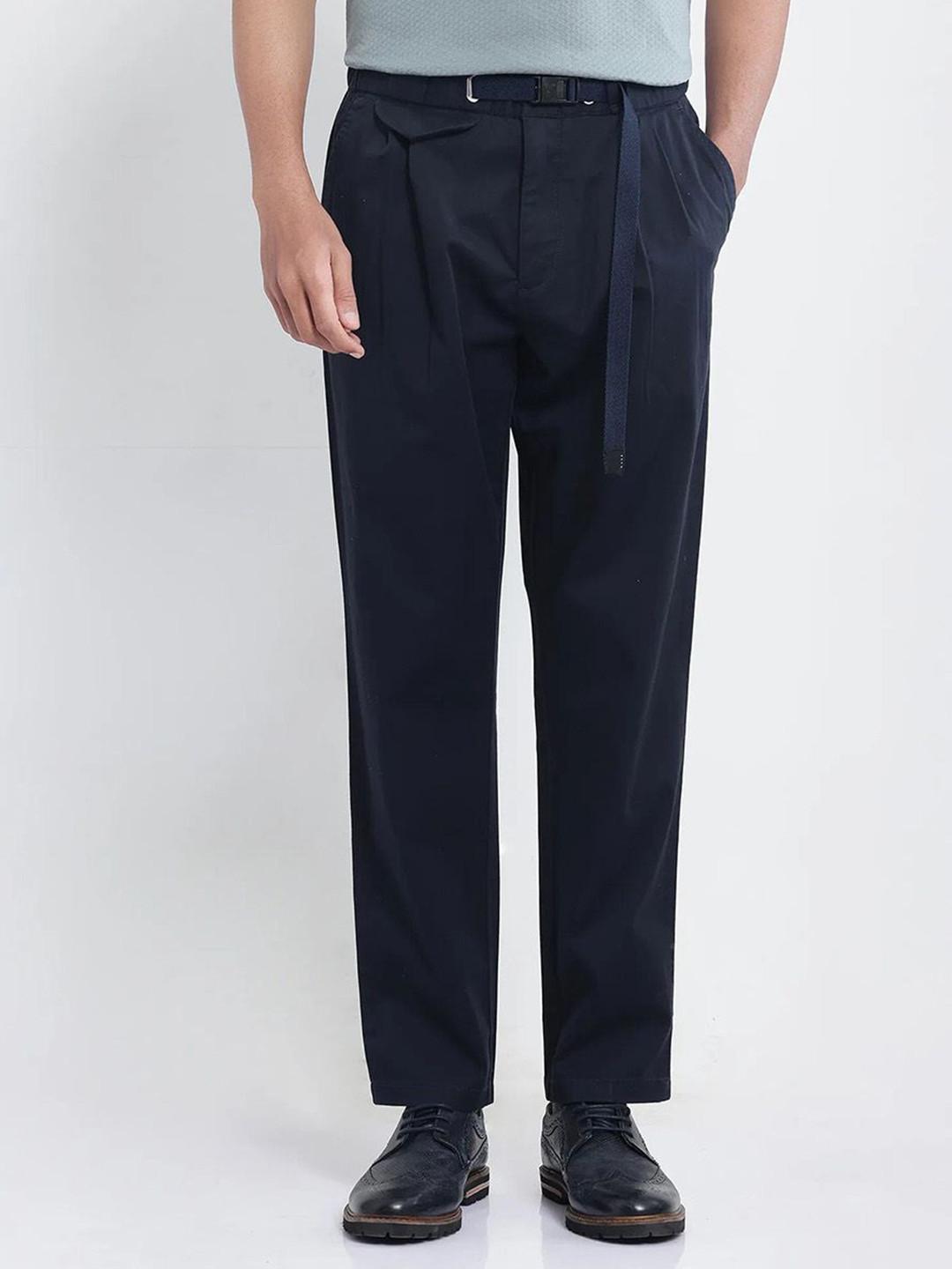 RARE RABBIT Men Navy Baggy Fit Plain Trouser