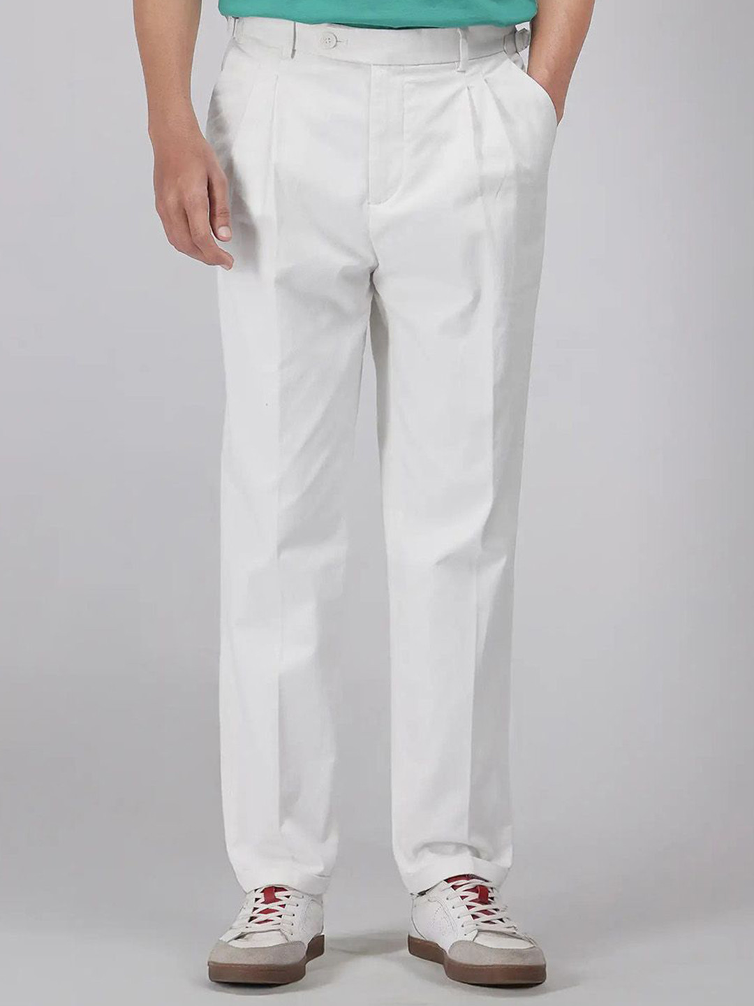 RARE RABBIT Men White Baggy Fit Plain Trouser