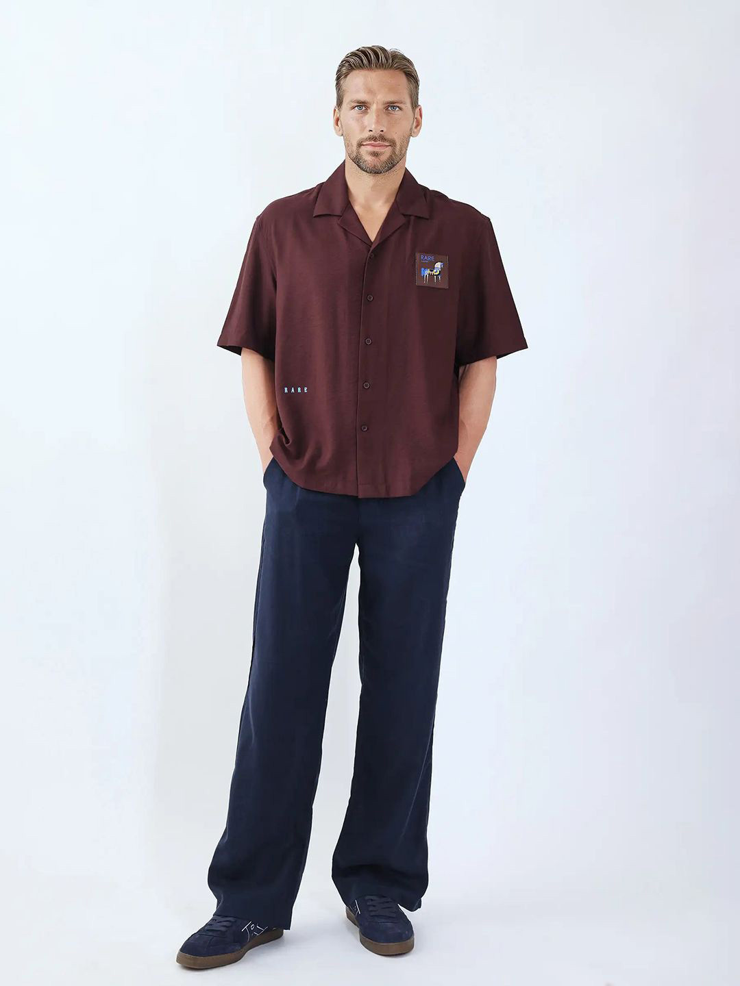 RARE RABBIT Men Navy Loose Fit Plain Trouser