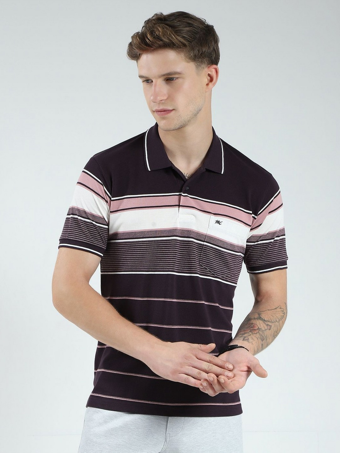 Monte Carlo Men Striped Polo Collar Cotton T-shirt