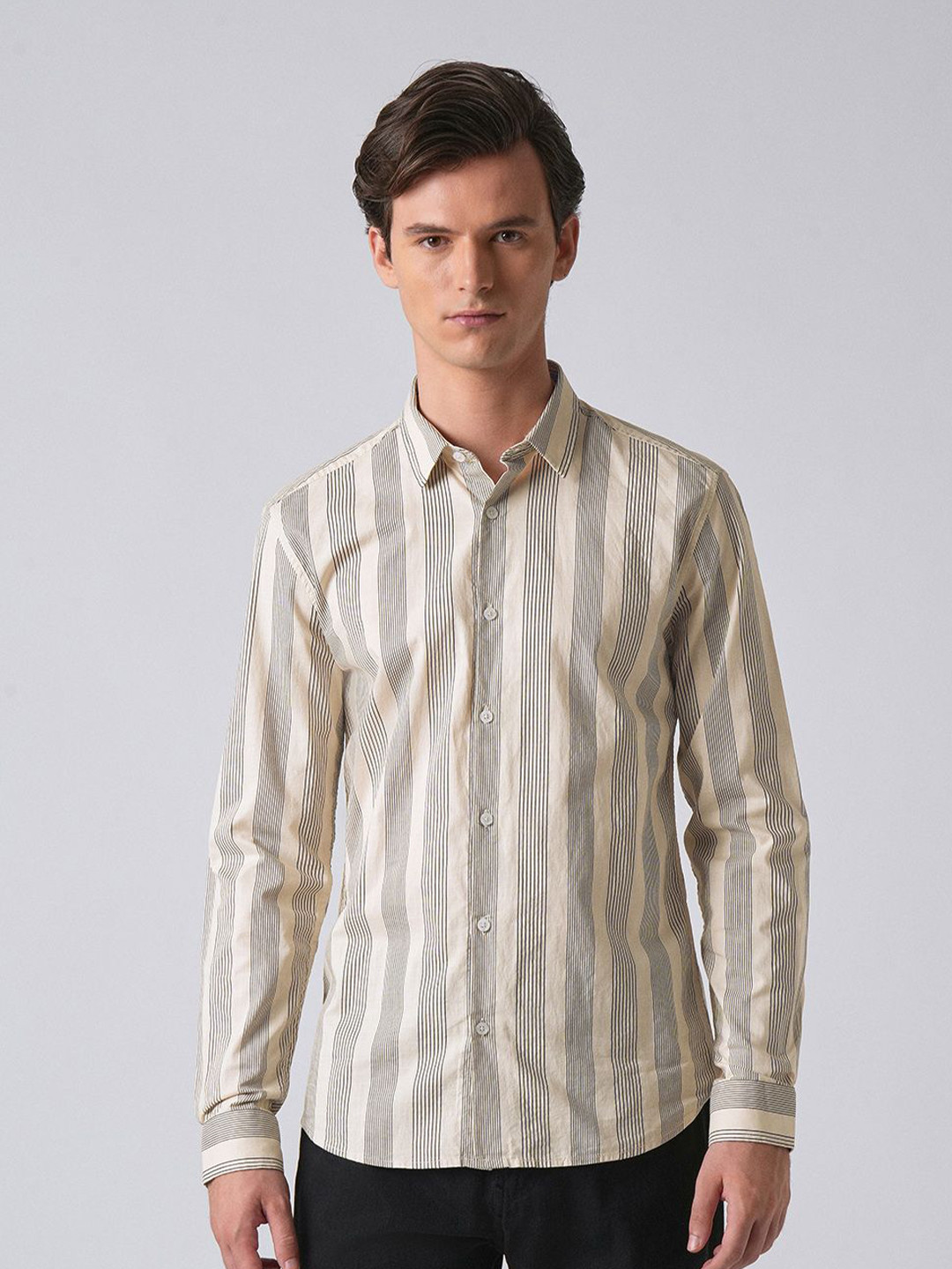 Banana Club Cream Vertical Pin Stripe Cotton/Linen Shirt