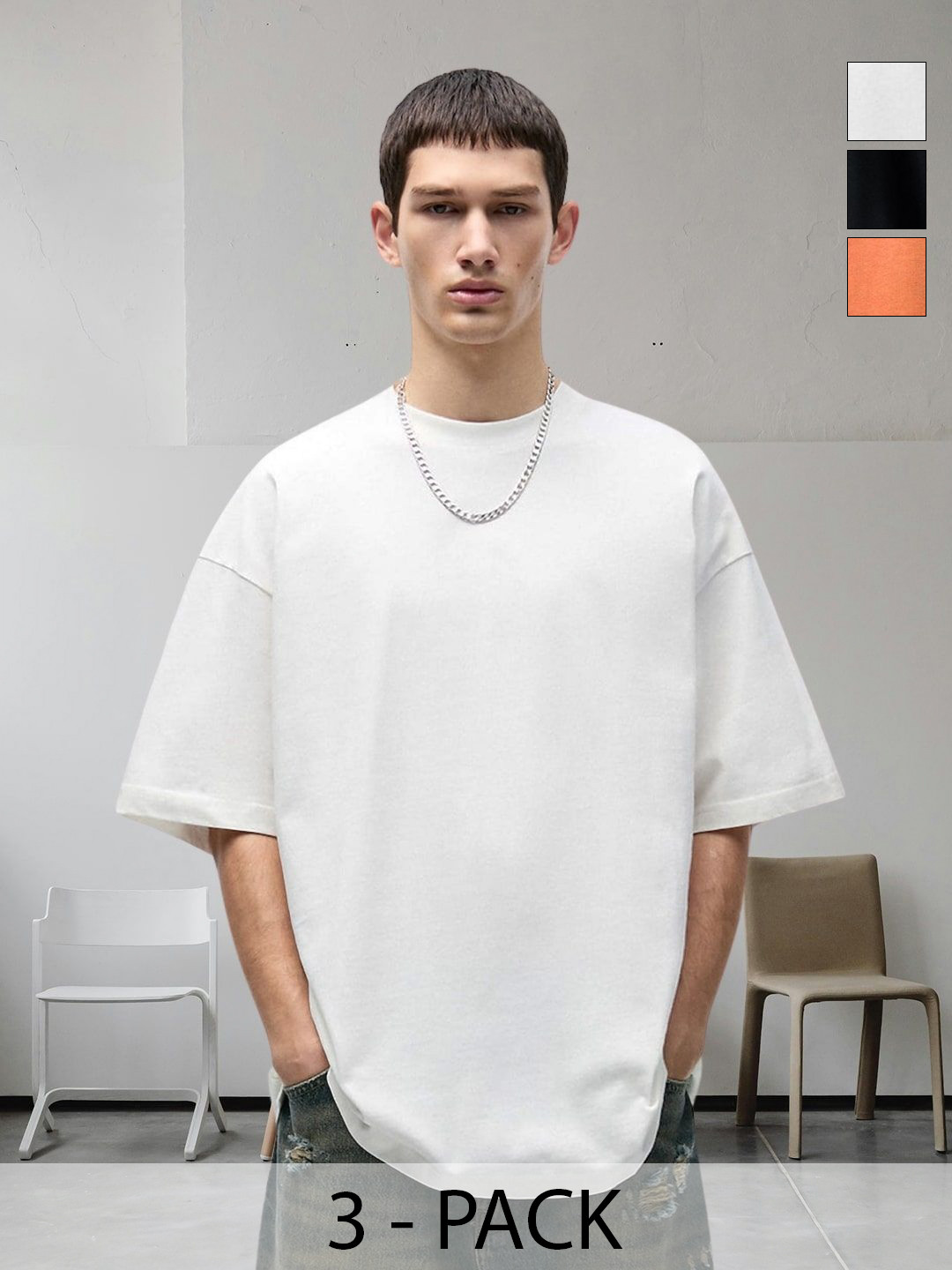 PRONK Men Pack of 3 Solid Round Neck Cotton Oversized T-shirt