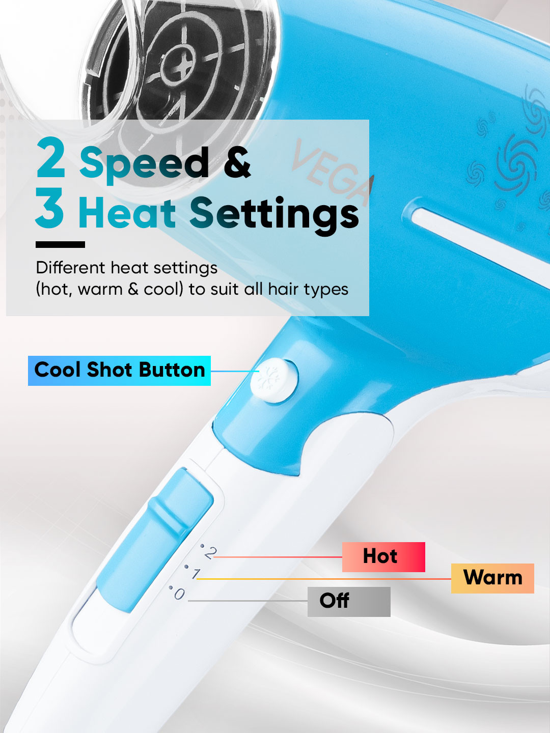 VEGA VHDH-32 U Style 1600W Foldable Hair Dryer - Blue & White - Image 7