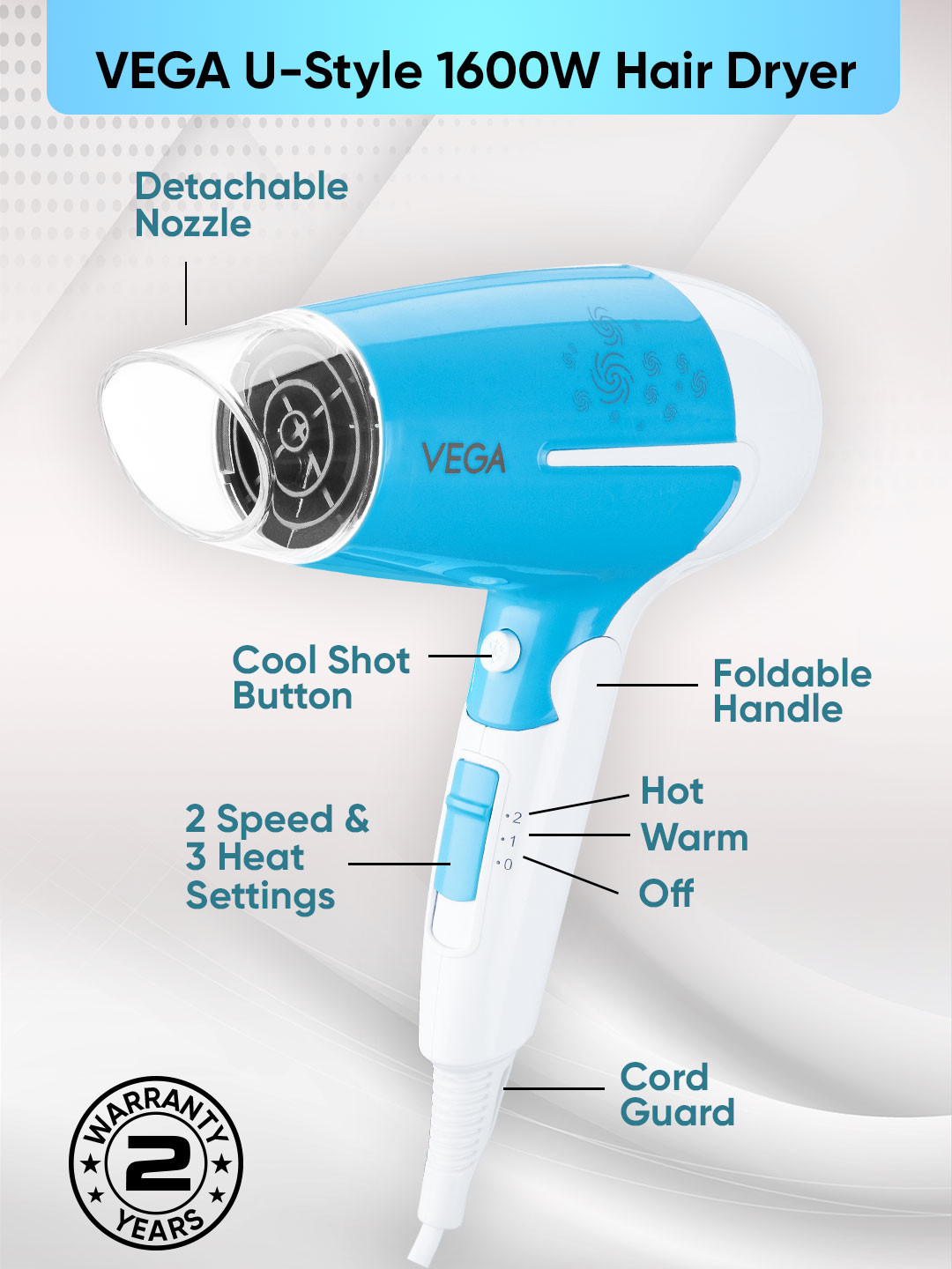 VEGA VHDH-32 U Style 1600W Foldable Hair Dryer - Blue & White - Image 3