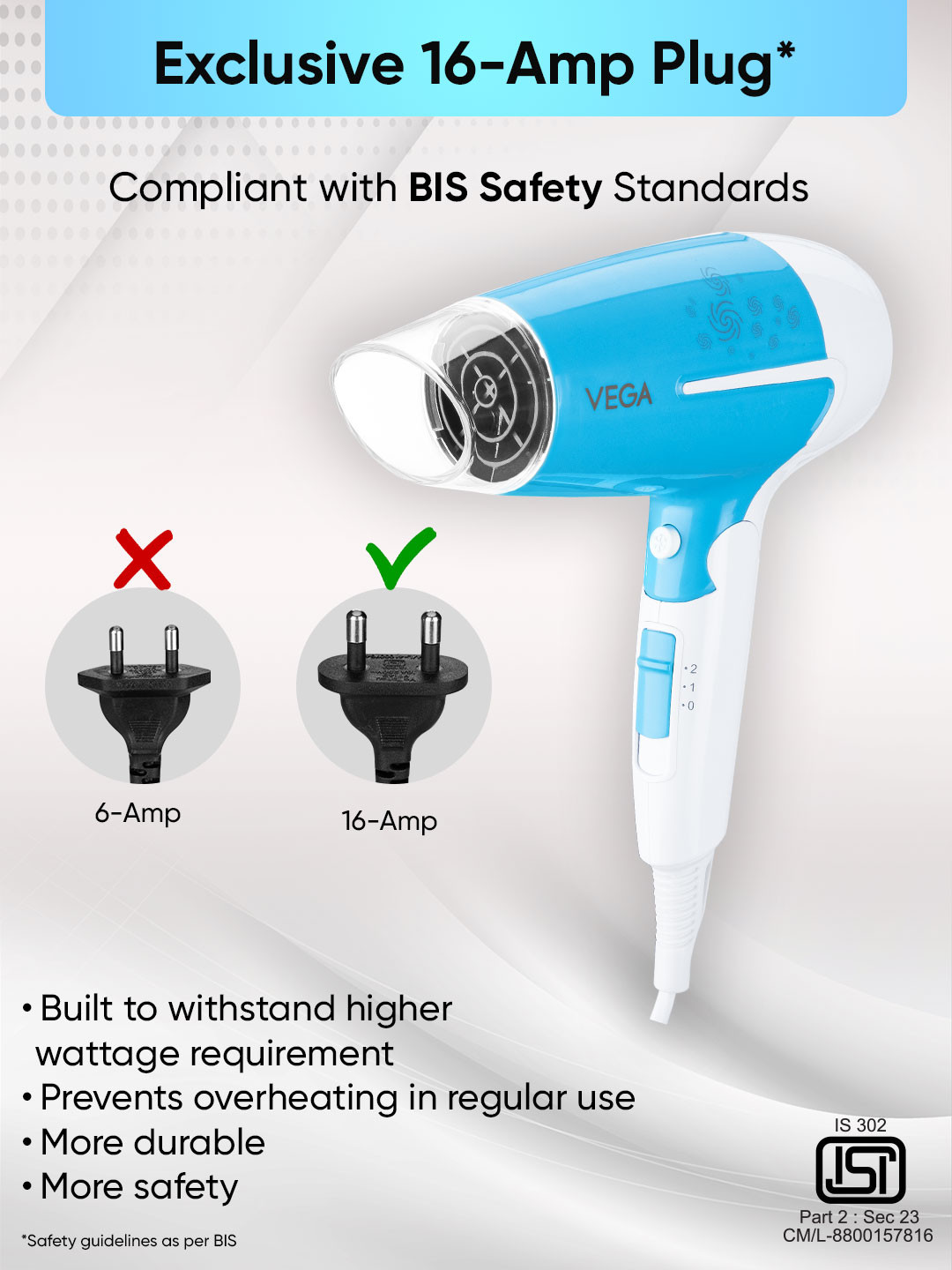 VEGA VHDH-32 U Style 1600W Foldable Hair Dryer - Blue & White - Image 9