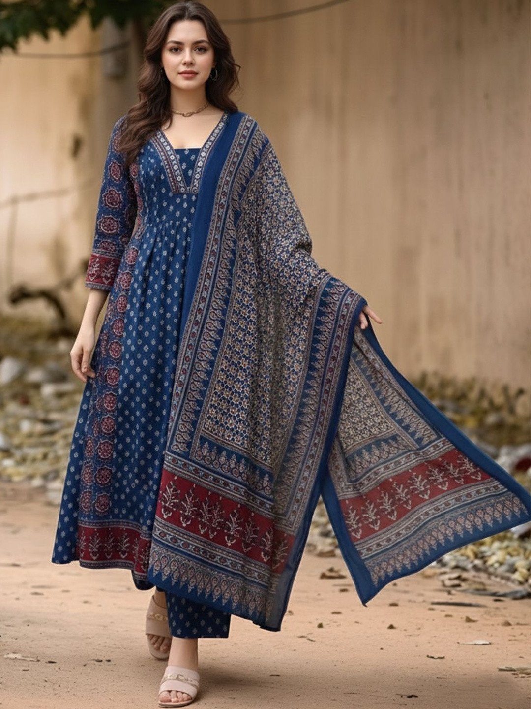 Women Ethnic Motifs Printed Panelled Kurta with Trousers & With Dupatta