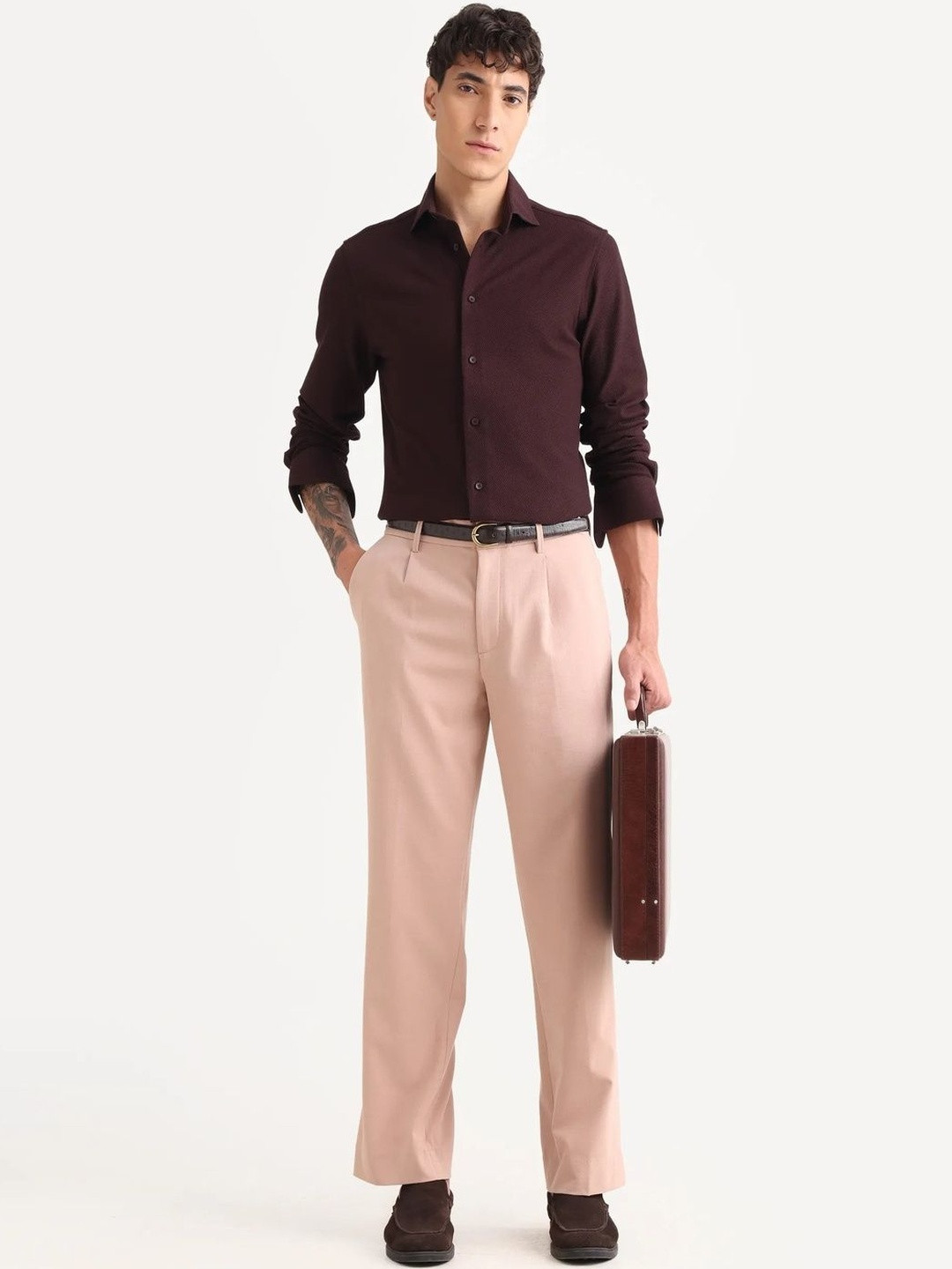 RARE RABBIT Men Tan Regular Fit Plain Trouser