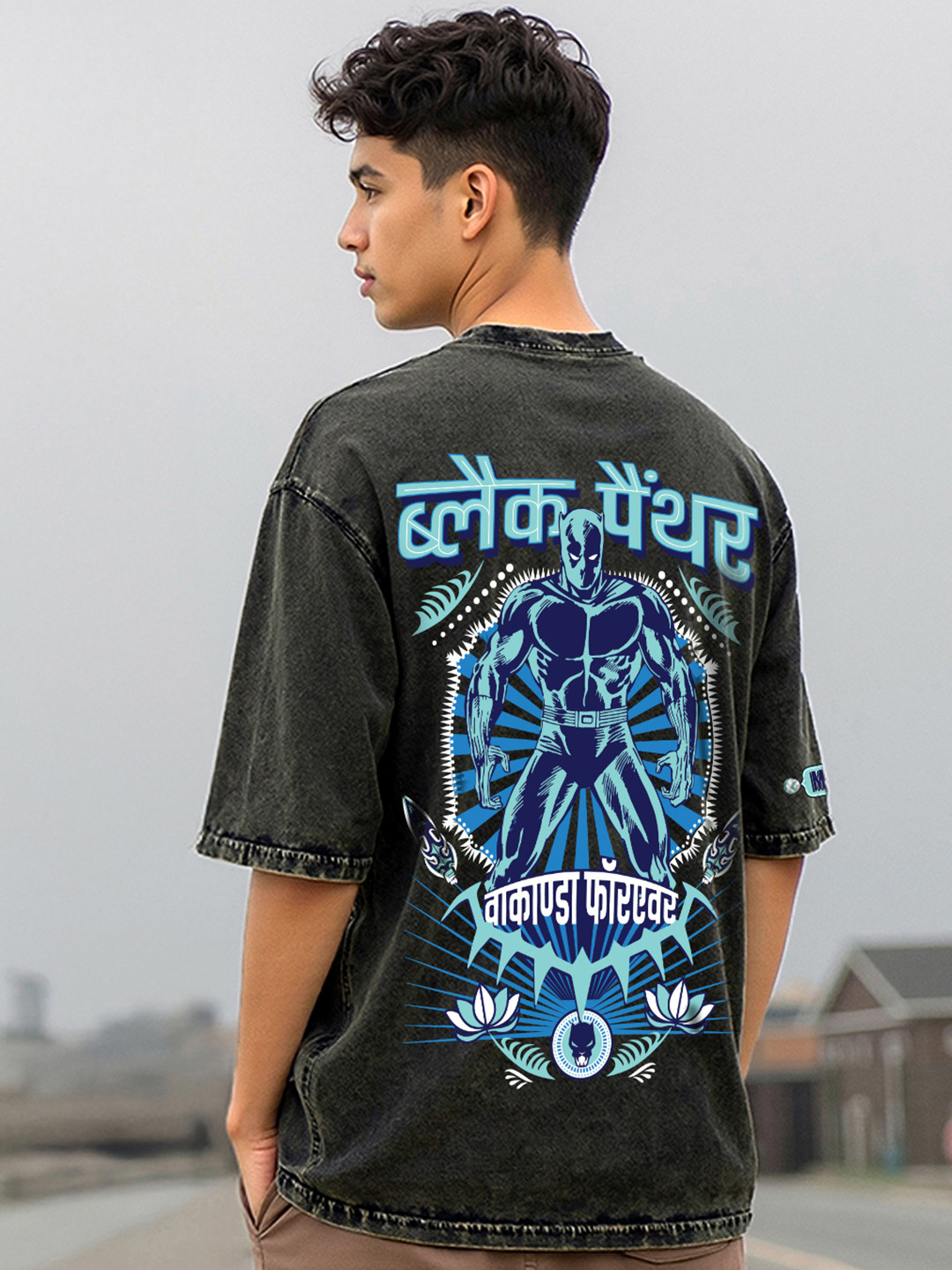 Bewakoof Men Black Panther Graphic Printed Cotton Oversized Acid Wash T-shirt