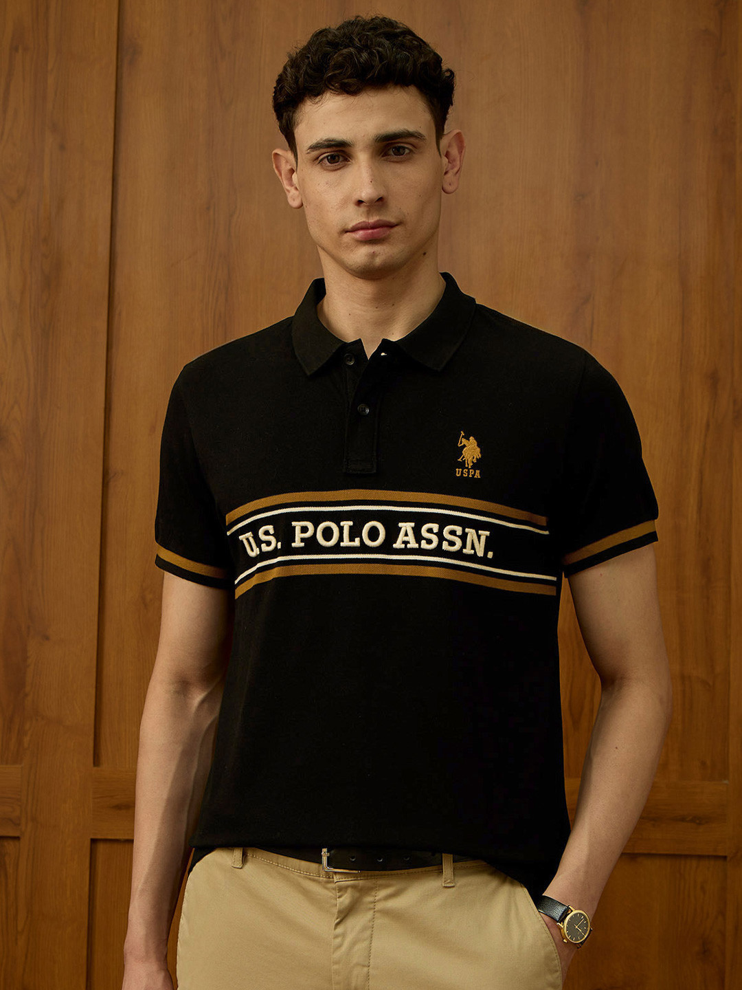 U.S. Polo Assn. Varsity Brand Logo Embroidered Polo Collar Pure Cotton T-shirt