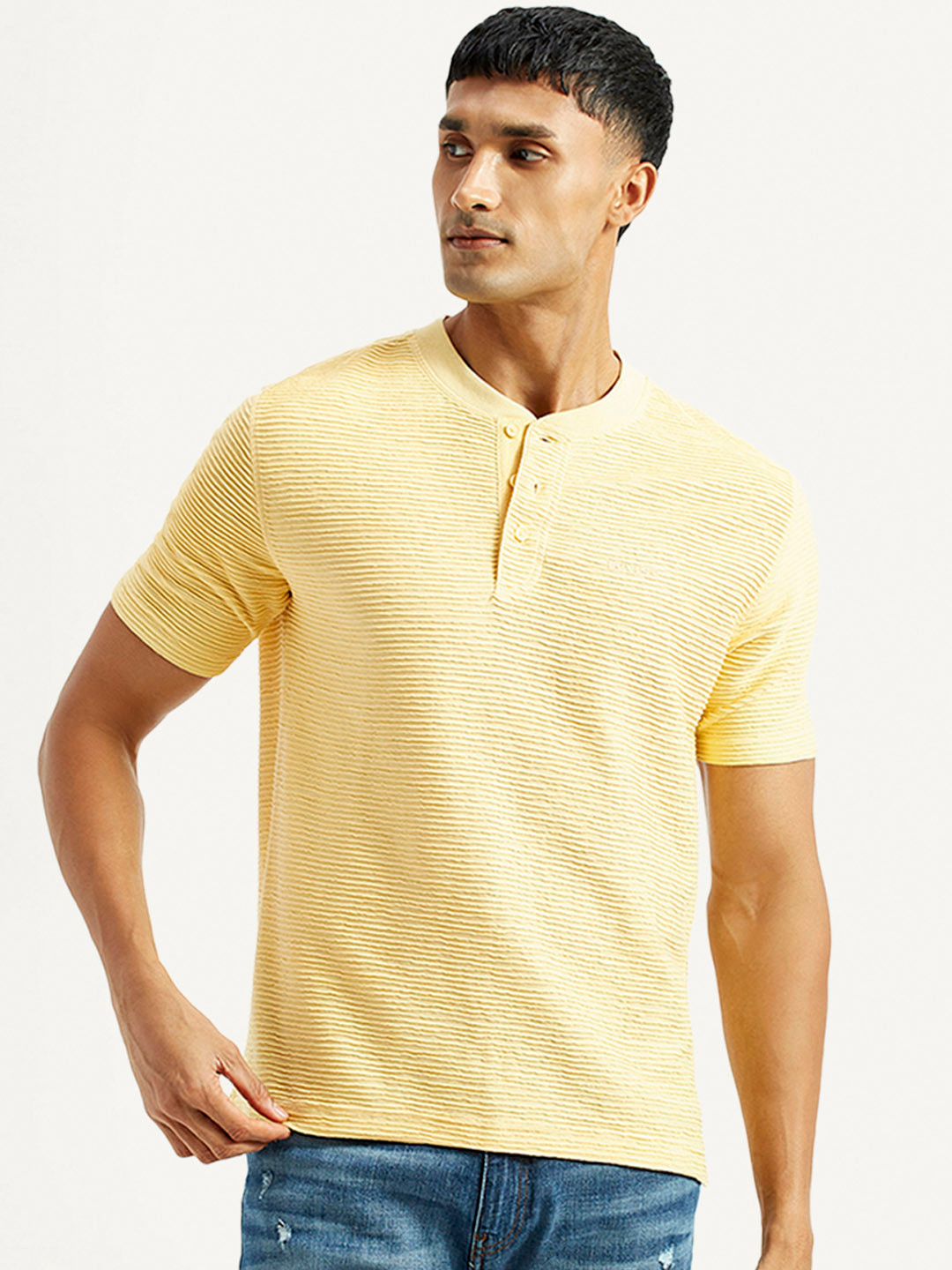 Levis Striped Self Design Henley Neck Cotton Slim Fit  T-Shirt