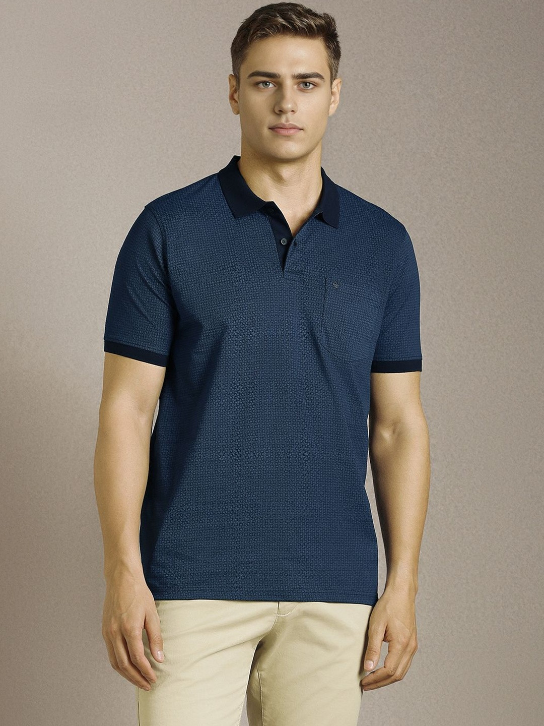 Louis Philippe Geometric Printed Polo Collar Short Sleeves Regular Fit Pure Cotton T-shirt