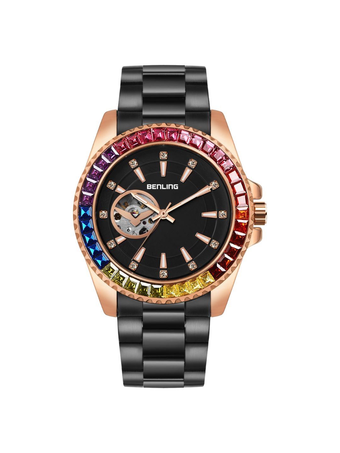 BENLING Men Leather & Stainless Steel Straps Watch BL-0007-GOLD-BLK