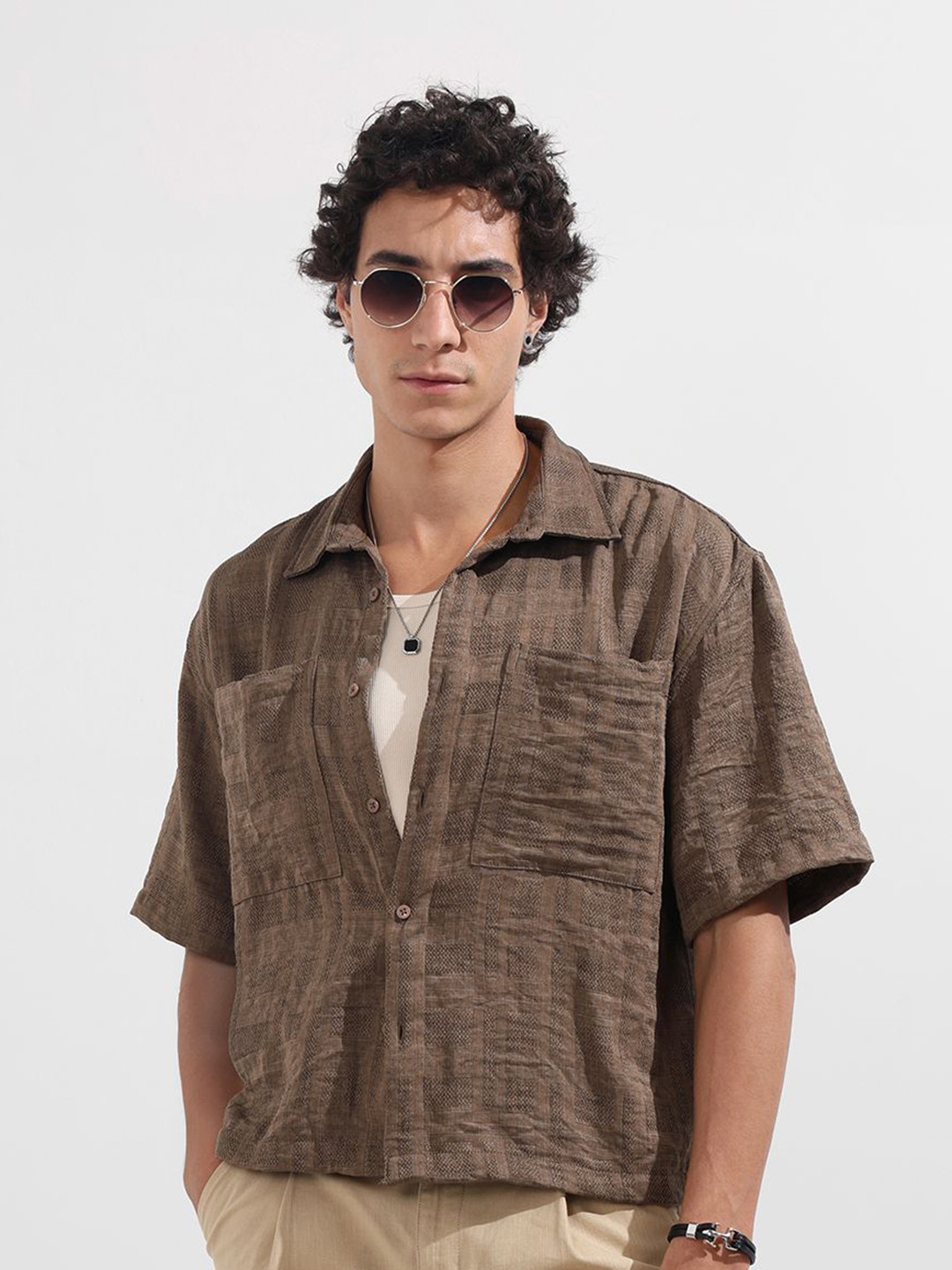 The Indian Garage Co Men Boxy Fit Textured Spread Collar Casual Shirt