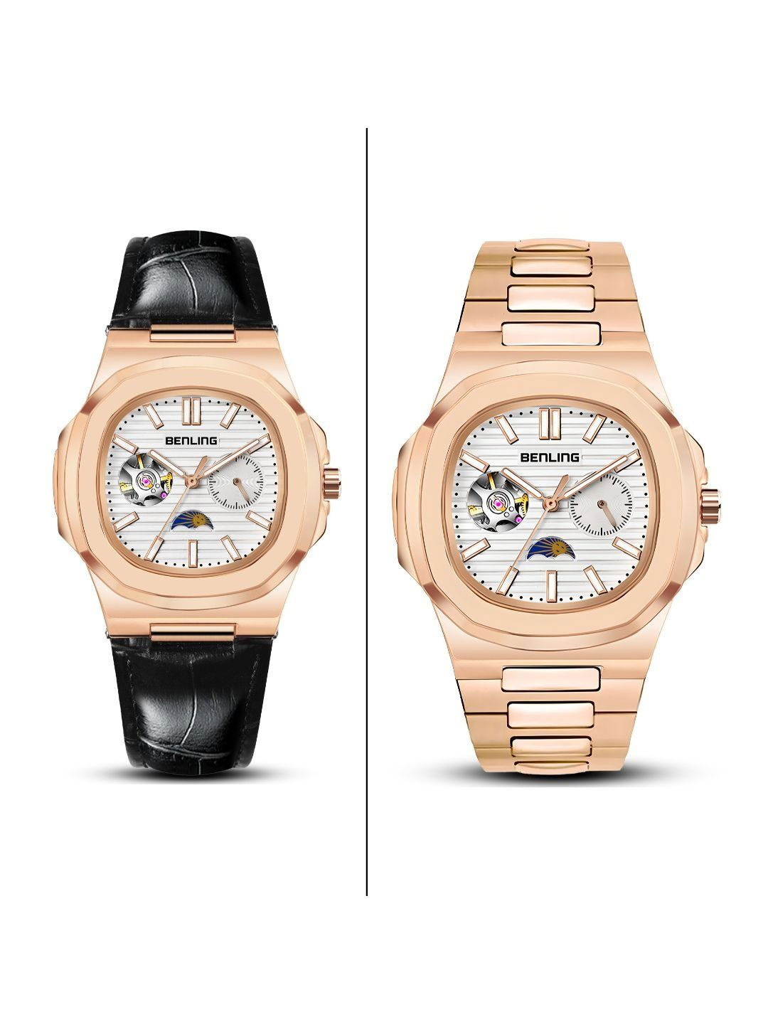 BENLING Men Dial & Leather Straps Analogue Automatic Watch BL-0009-RGOLD-WYT