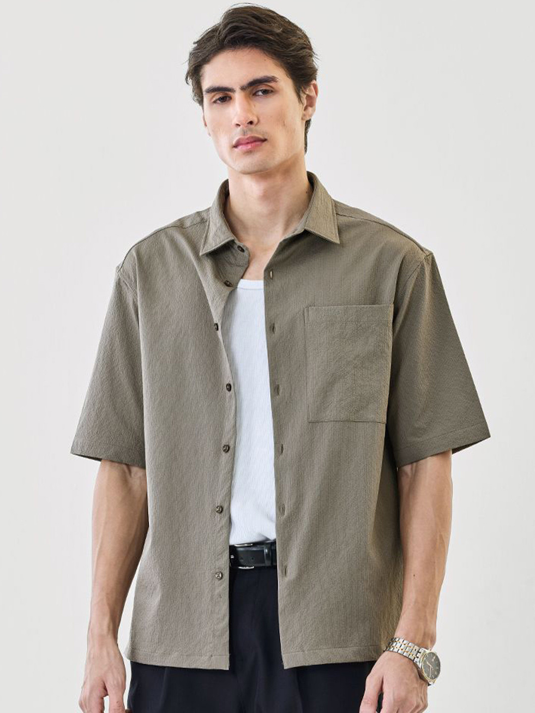 Snitch Men Textured Spread Collar Casual Shirt