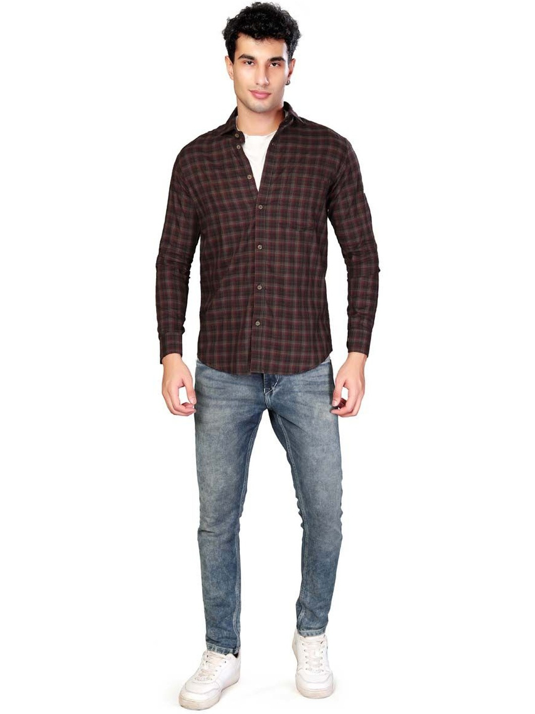 UR ETHICS Premium Checked Spread Collar Slim Fit Cotton Casual Shirt