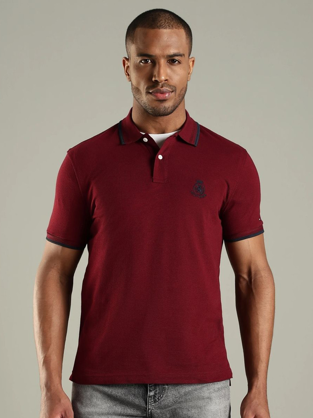 Tommy Hilfiger Men Solid Polo Collar Regular Fit Pure Cotton T-shirt