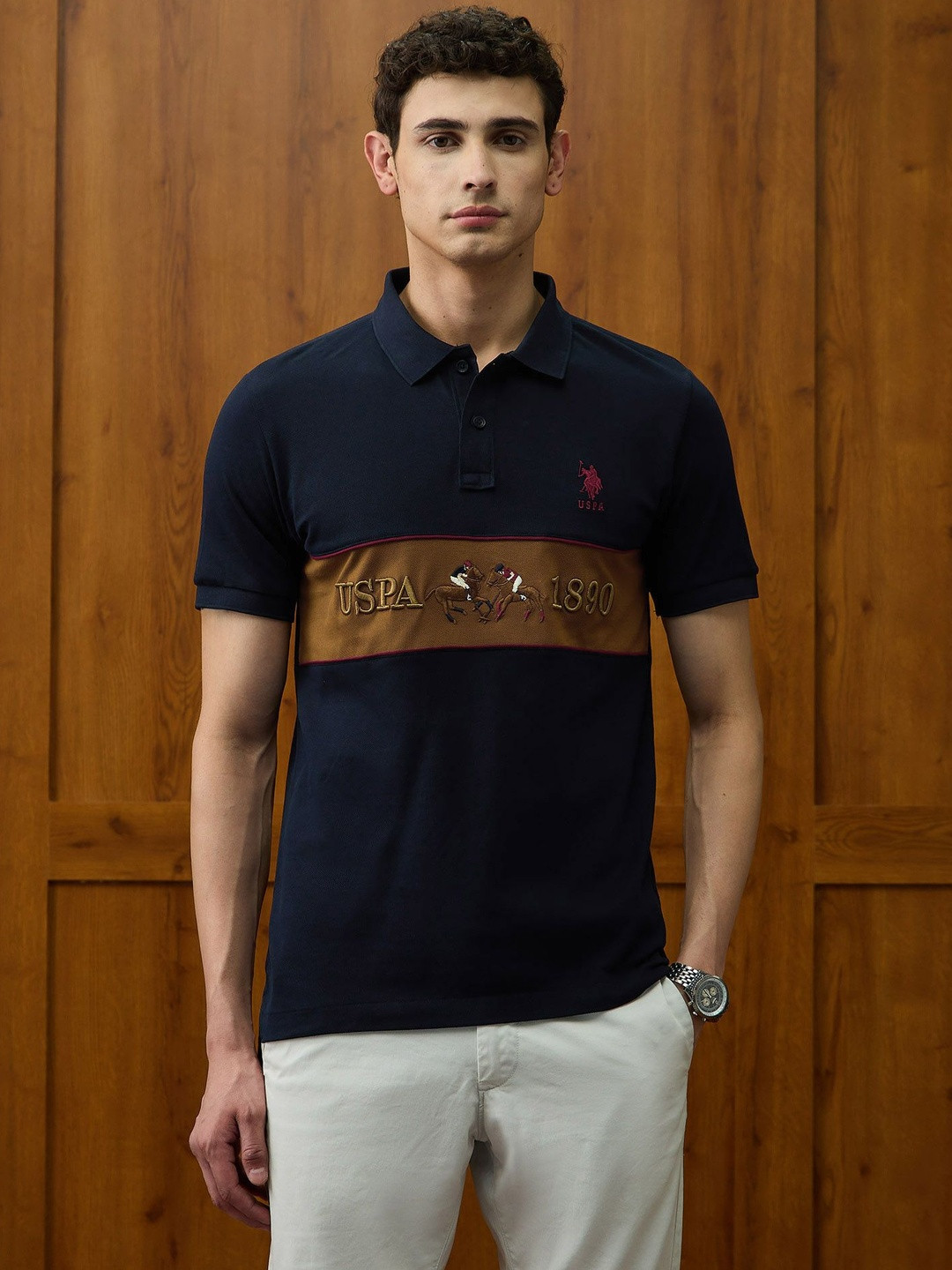 U.S. Polo Assn. Varsity Theatre Colourblocked Polo Collar Slim Fit Pure Cotton T-shirt