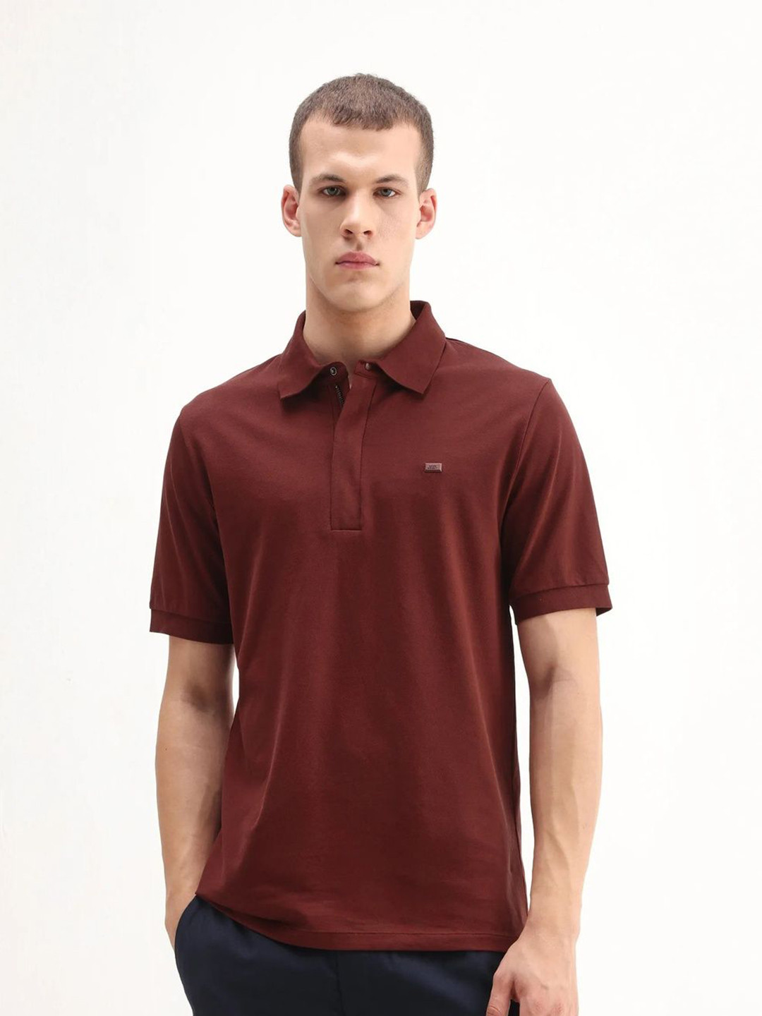 RARE RABBIT Men Plain Spread Collar Half Sleeve Cotton Blend Regular Fit Polo T-Shirt