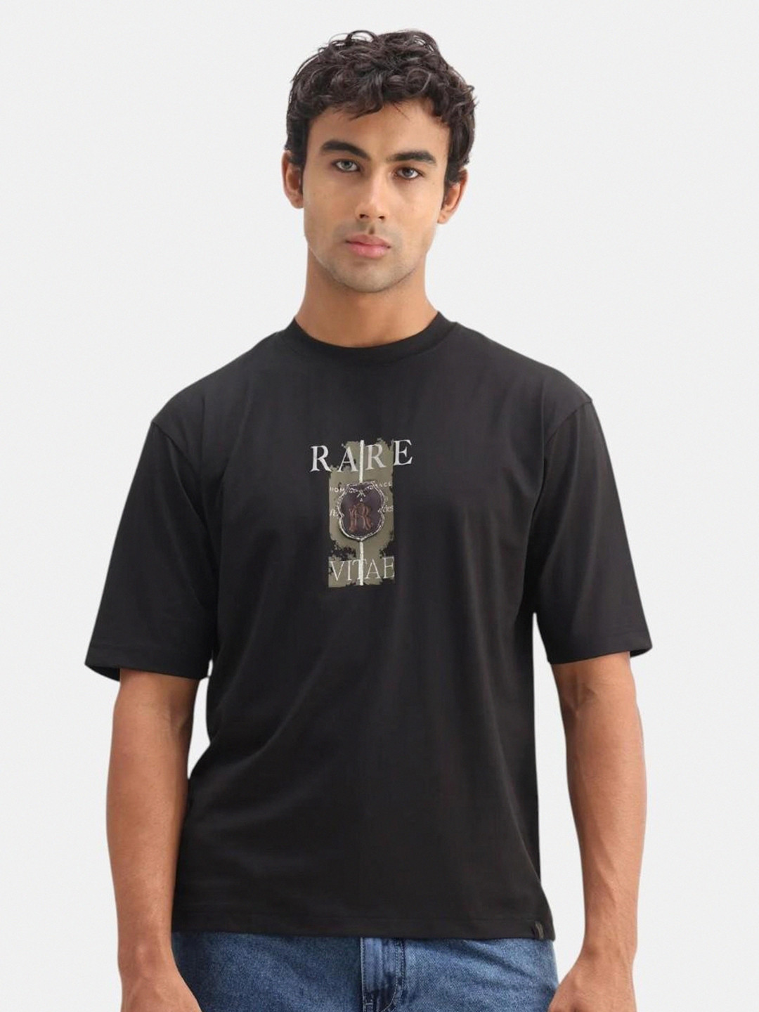 RARE RABBIT Men Typography Printed Round Neck Cotton T-shirt