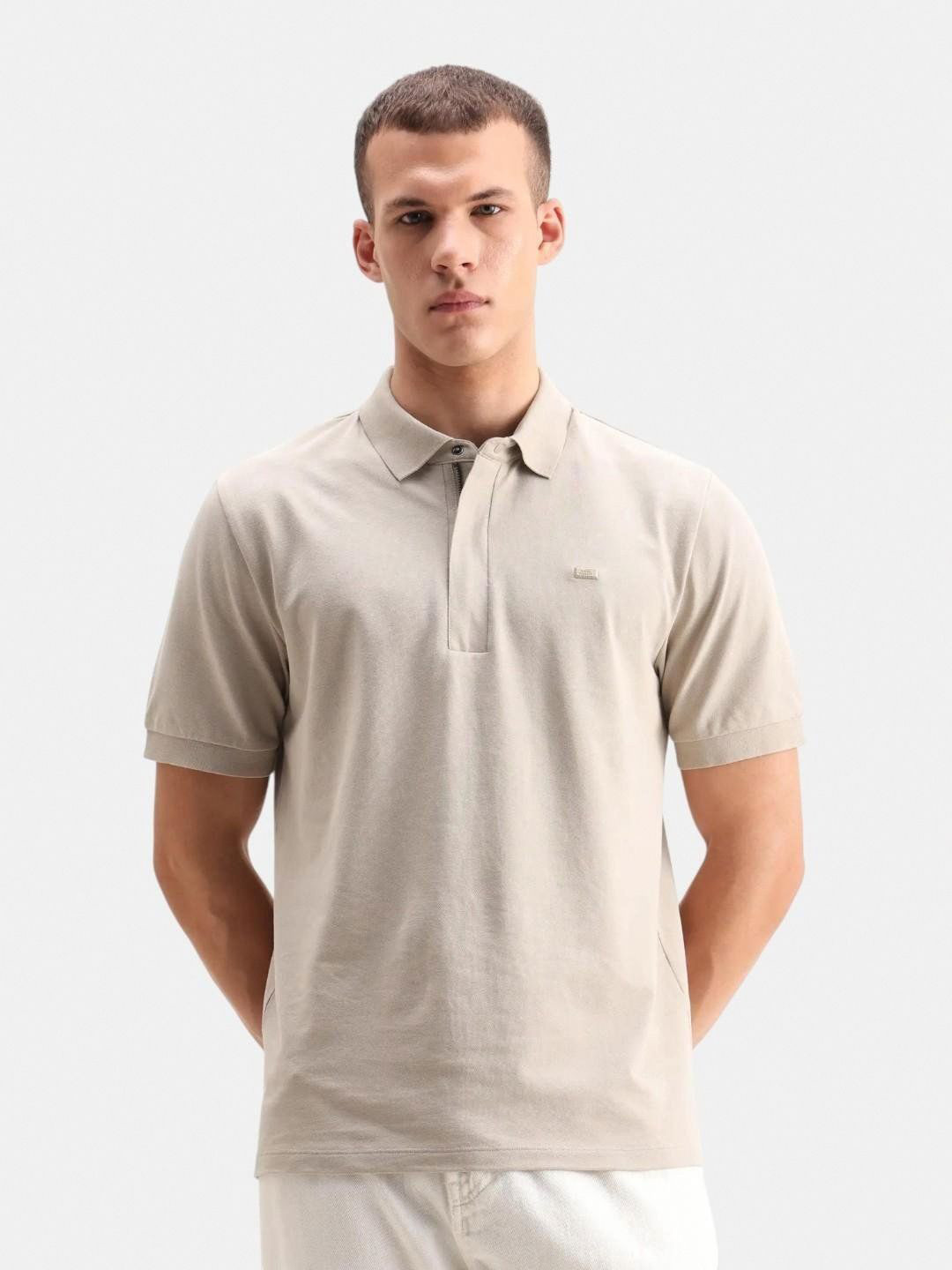 RARE RABBIT Men Plain Spread Collar Half Sleeve Cotton Blend Regular Fit Polo T-Shirt