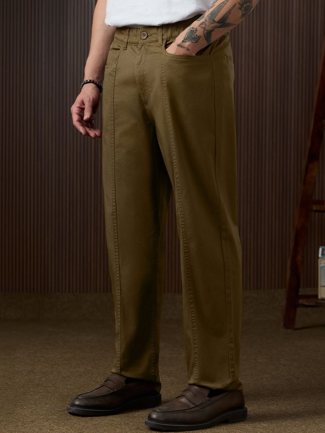 The Souled Store Men Straight Fit Solid Coffee Brown Pants