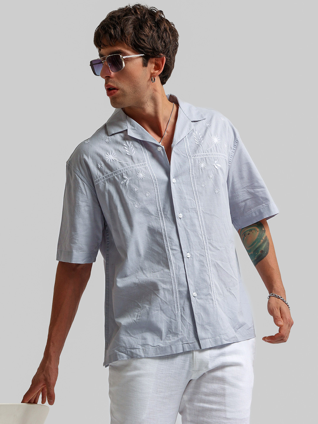 Maniac Embroidered Linen Oversized Casual Shirt - Image 6