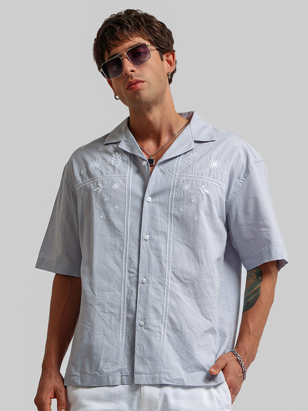 Maniac Embroidered Linen Oversized Casual Shirt - Image 3