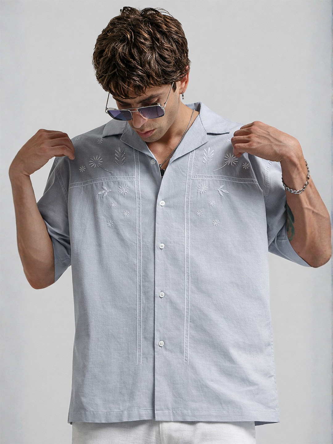 Maniac Embroidered Linen Oversized Casual Shirt - Image 1