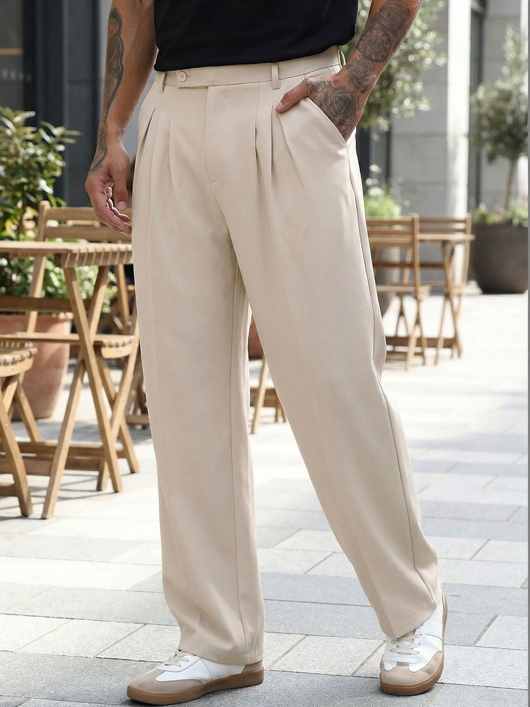 Bewakoof Men's Beige Loose Fit Korean Pants