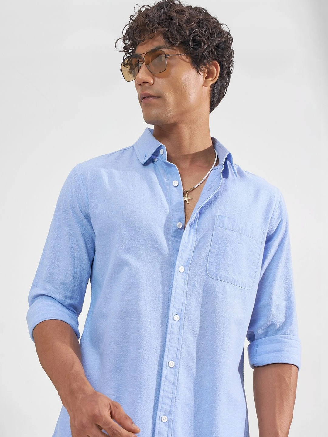 HIGHLANDER Men Premium Linen Chambray Button Down Shirt - Image 1