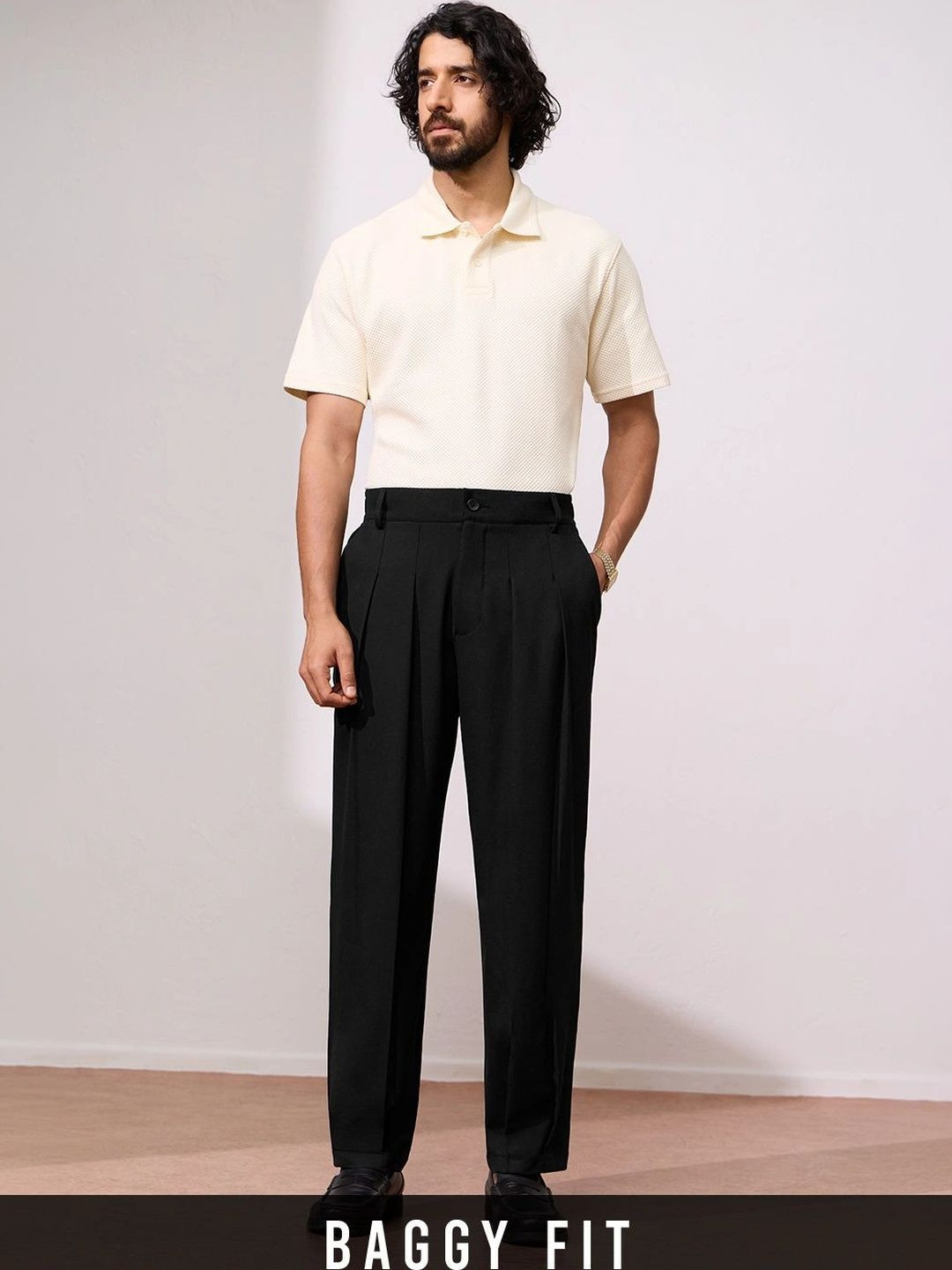 The Souled Store Men Solid Black Pleated Viscose Baggy Trousers