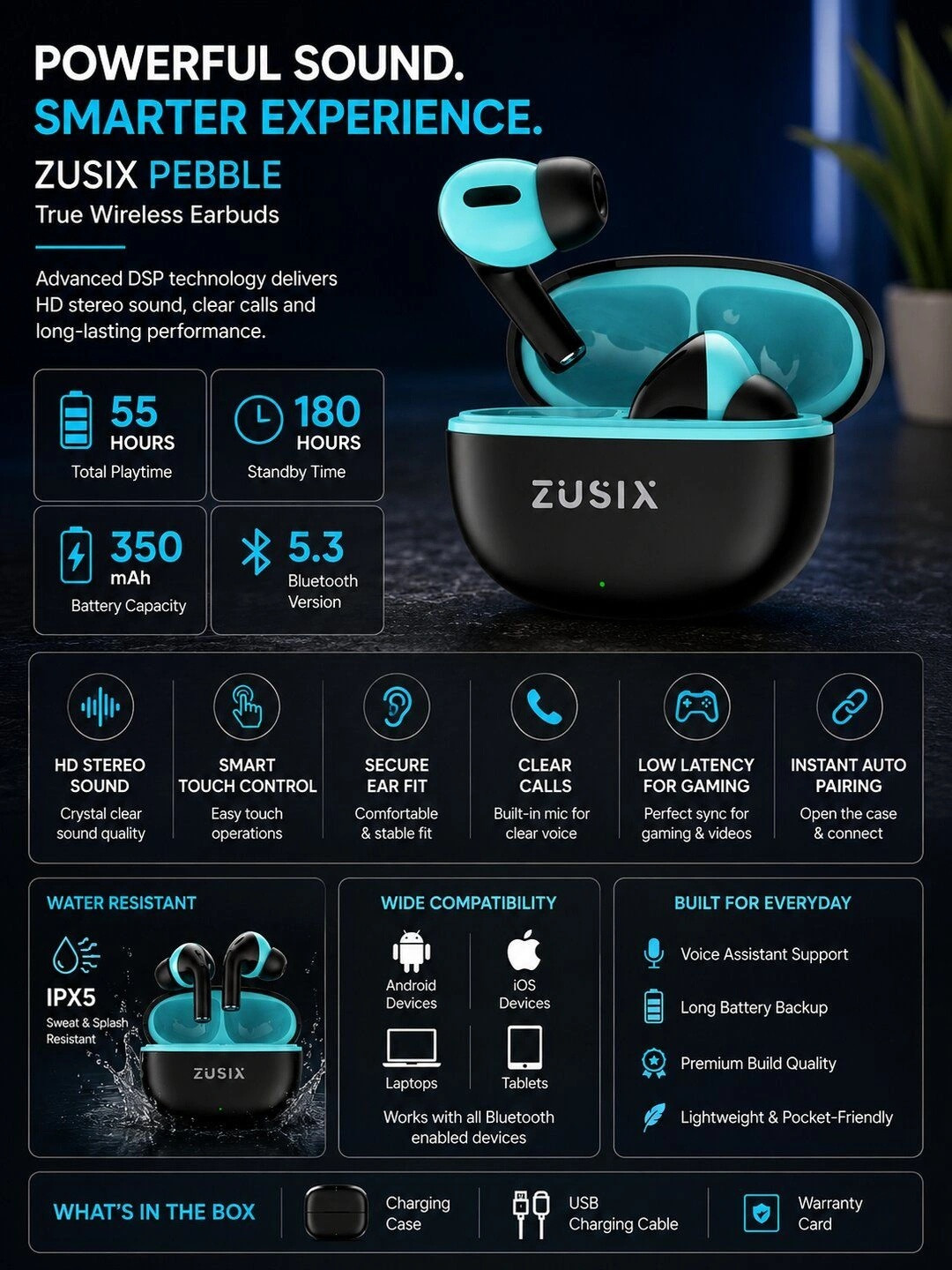 zusix PEBBLE TWS Earbuds 55H Playback 13mm Drivers - Image 4