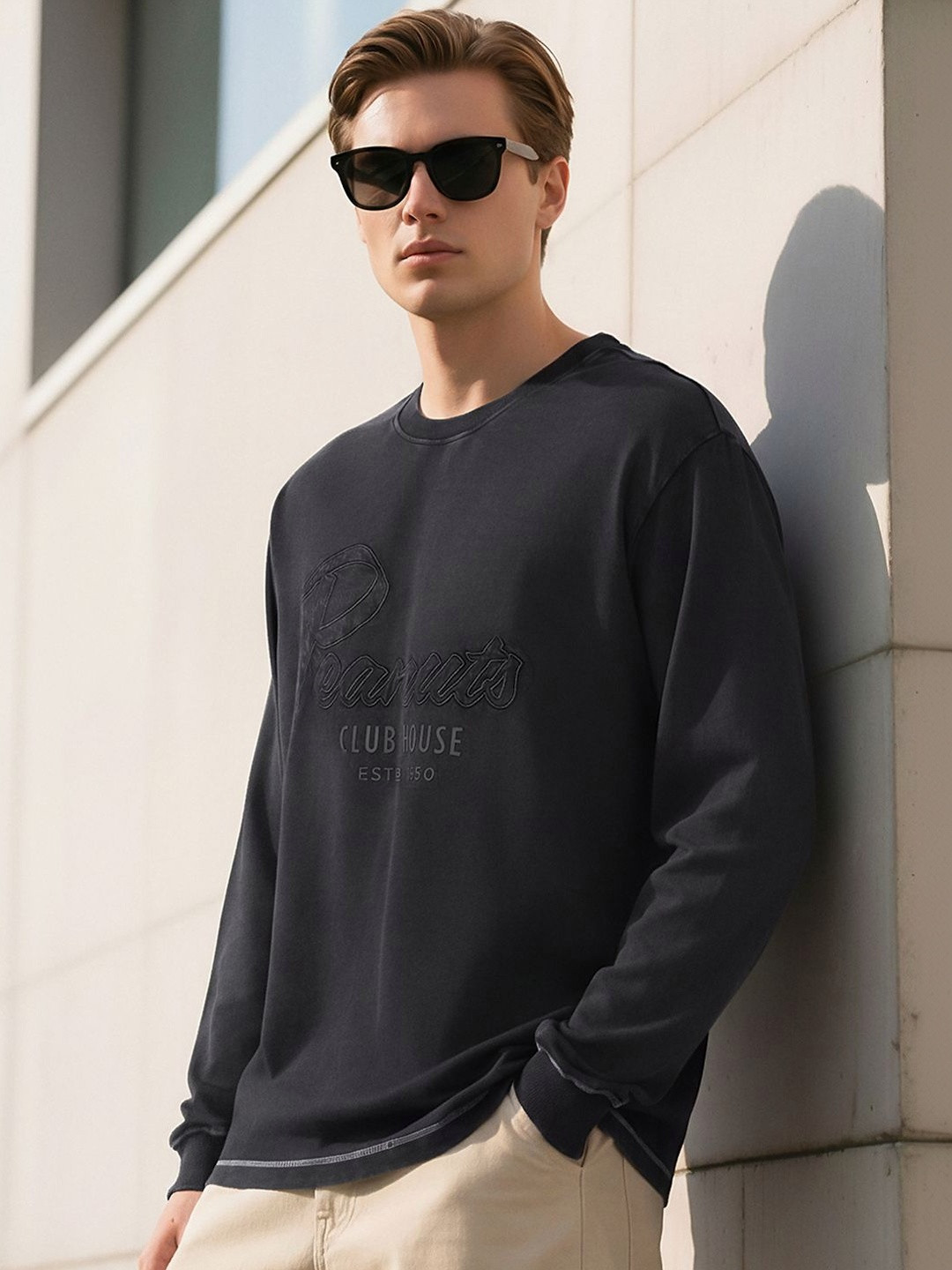 Bewakoof Heavy Duty Peanuts Men's Black Peanuts Typography Oversized Acid Wash T-shirt