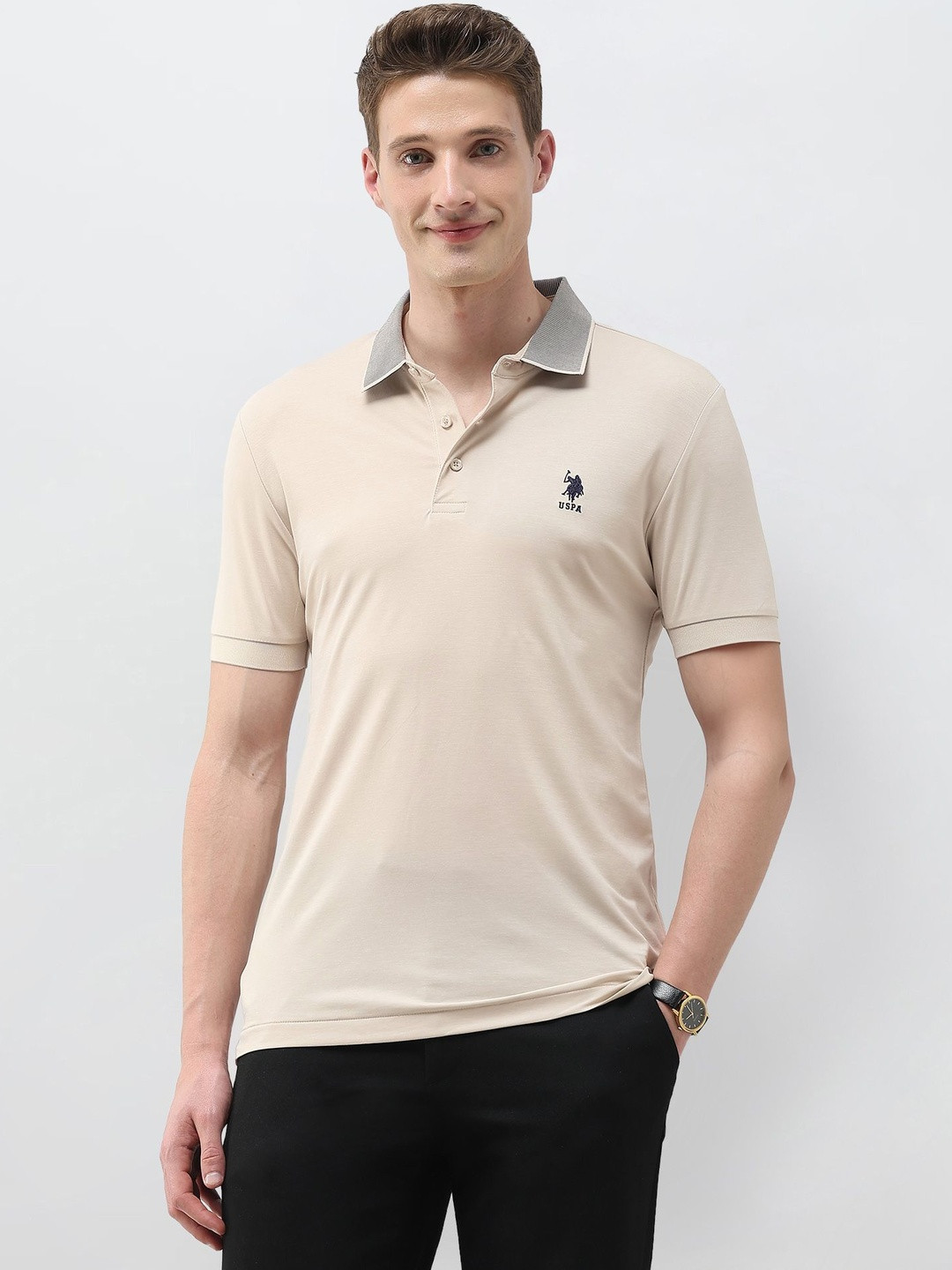 U.S. Polo Assn.Solid Jacquard Collar Pure Cotton Polo Collar T-shirt