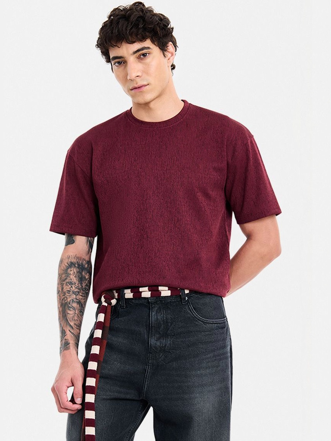 Snitch Self Design Polyester Round Neck Short Sleeves Oversized T-shirt