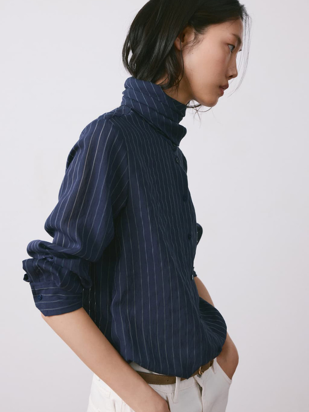 MANGO Striped High Neck Casual Shirt