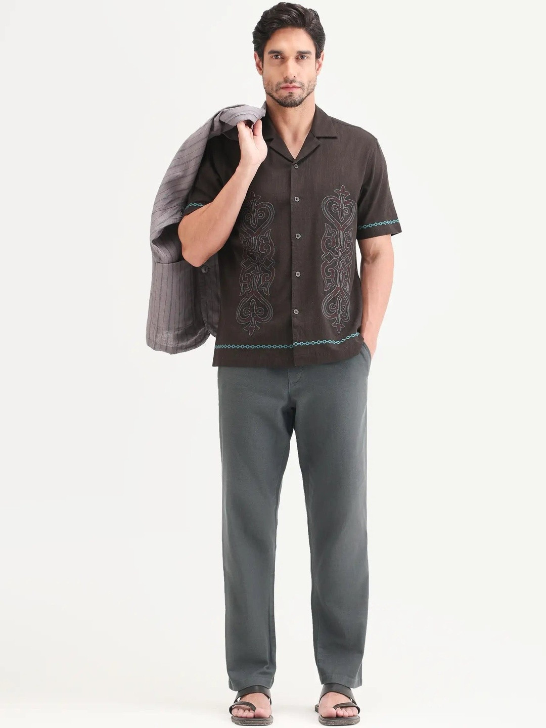 RARE RABBIT Charcoal Pluk Dark Solid Trousers