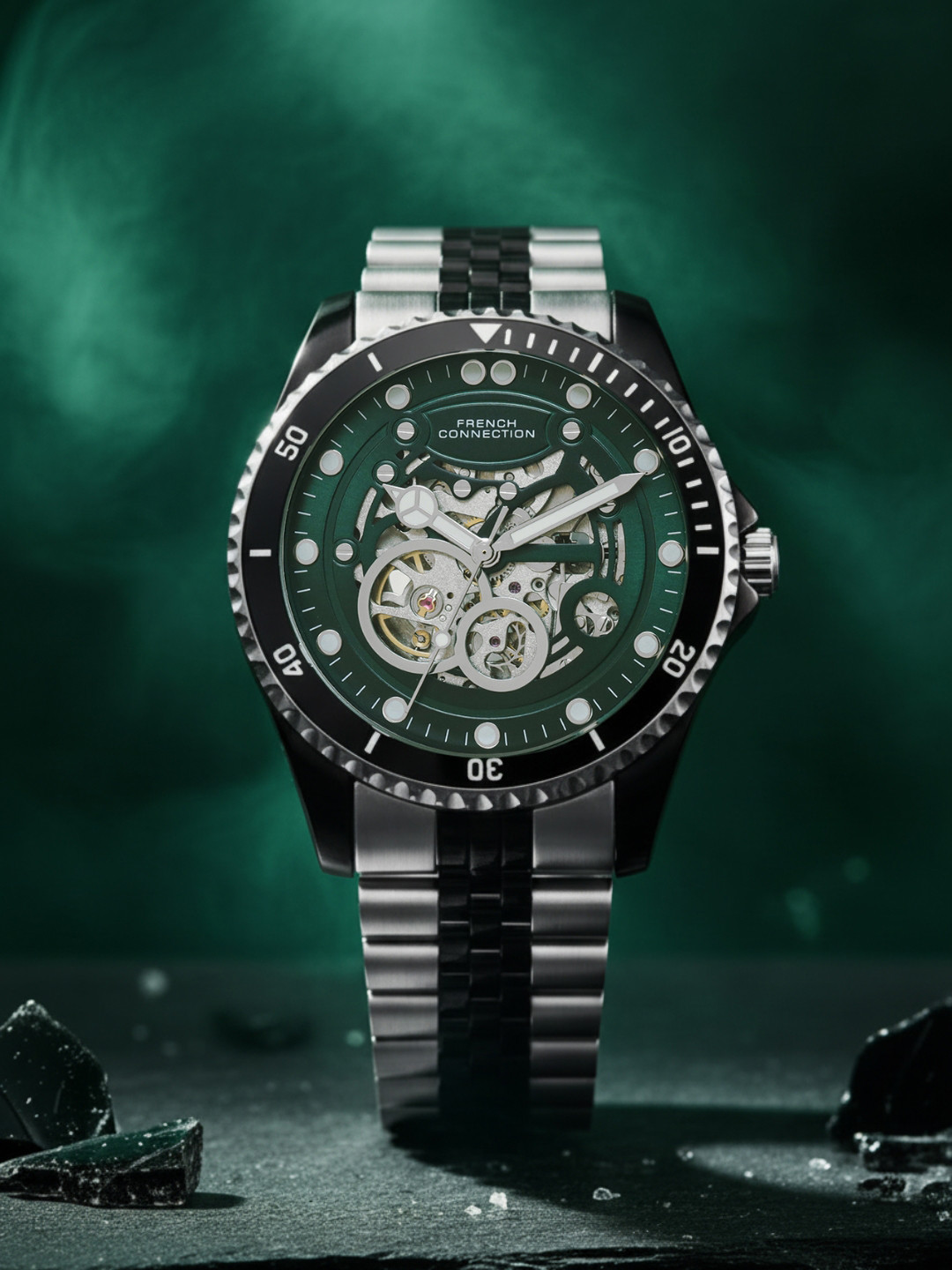 French Connection Men Skeleton Dial & Stainless Steel Bracelet Style Straps Analogue Automatic Motion Watch